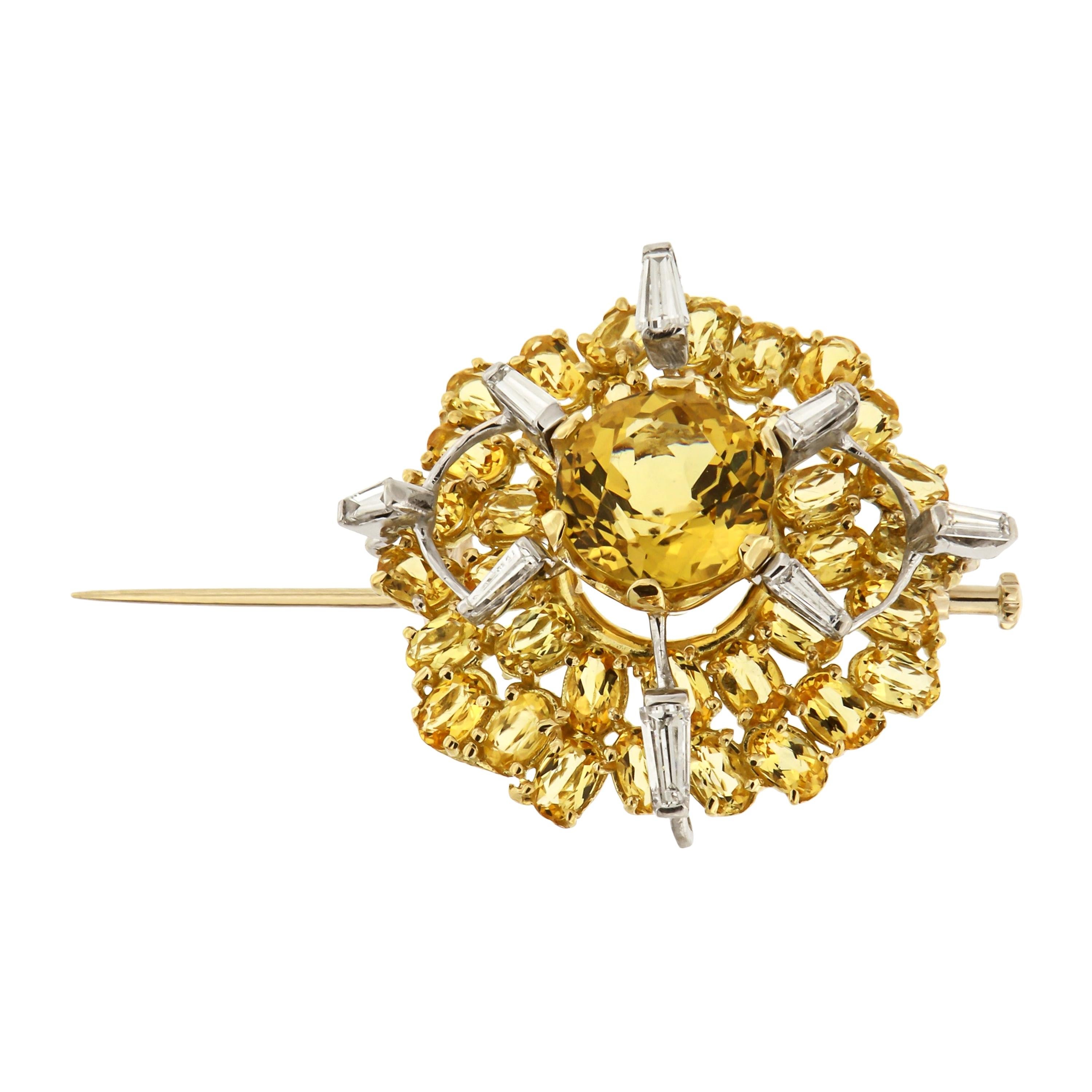 Diamonds Yellow Berils Yellow and White 18 Karat Gold Brooch Handcrafted For Sale