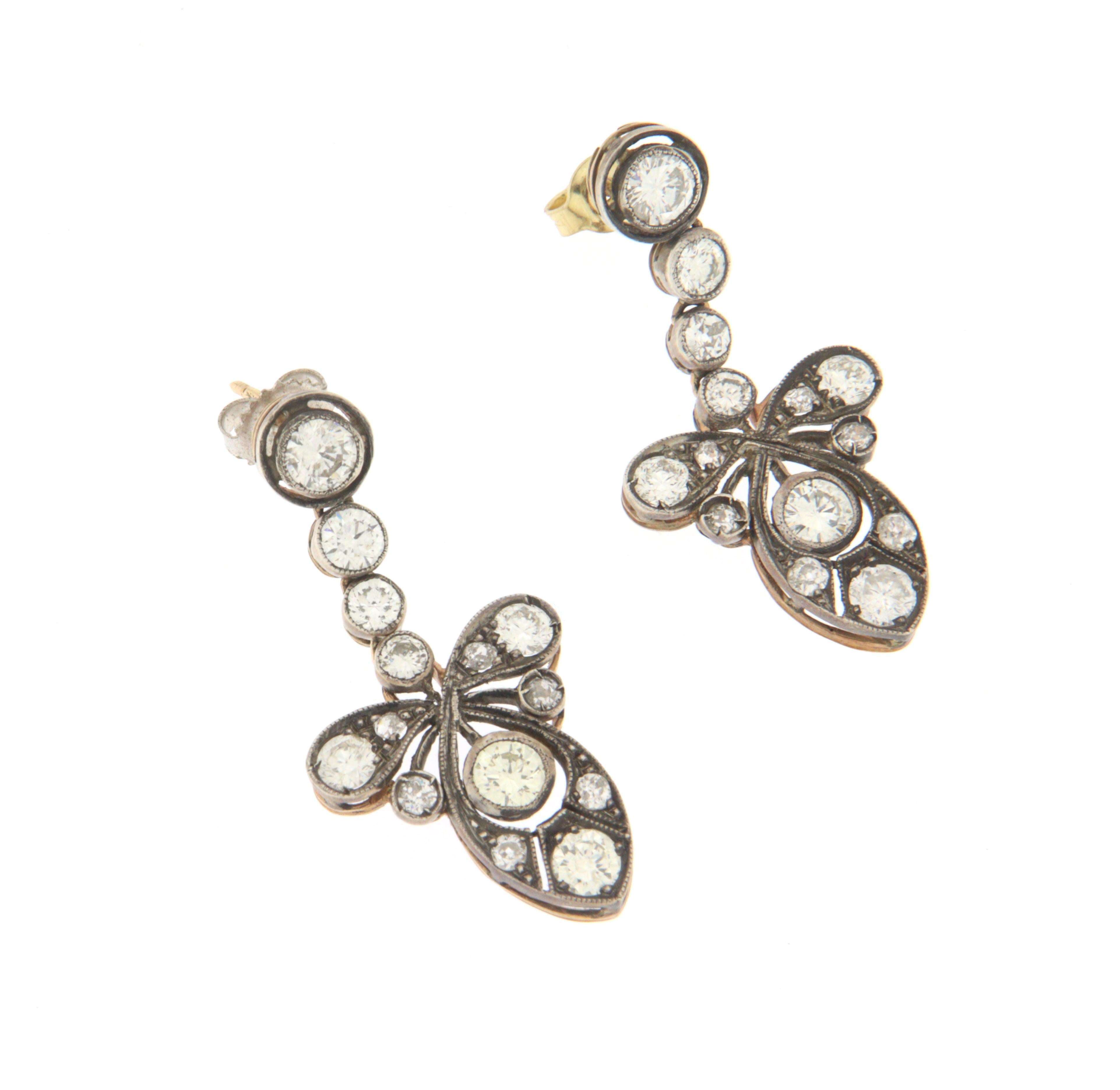 Victorian Diamonds Yellow Gold 14 Karat Silver Dangle Earrings For Sale