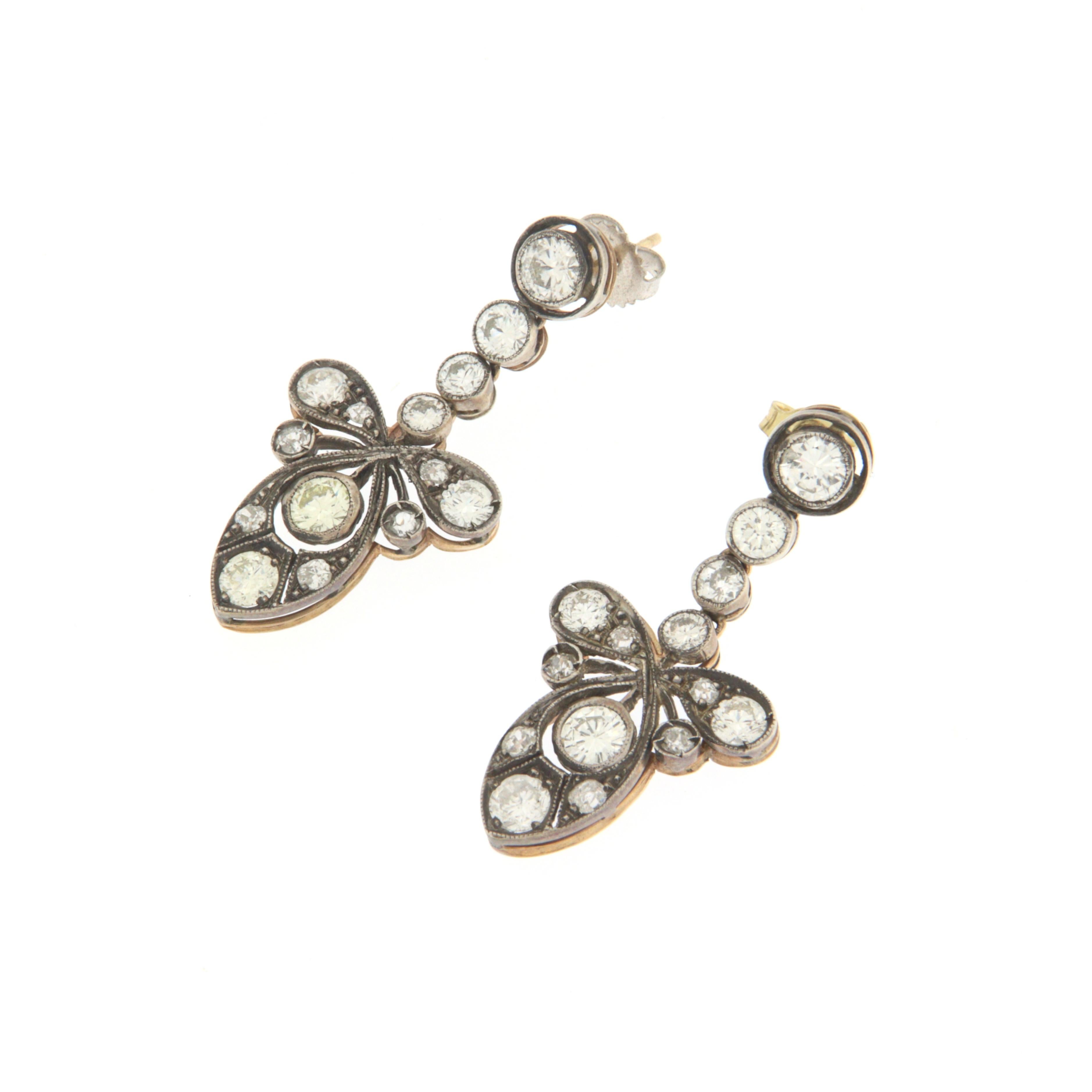 Round Cut Diamonds Yellow Gold 14 Karat Silver Dangle Earrings For Sale
