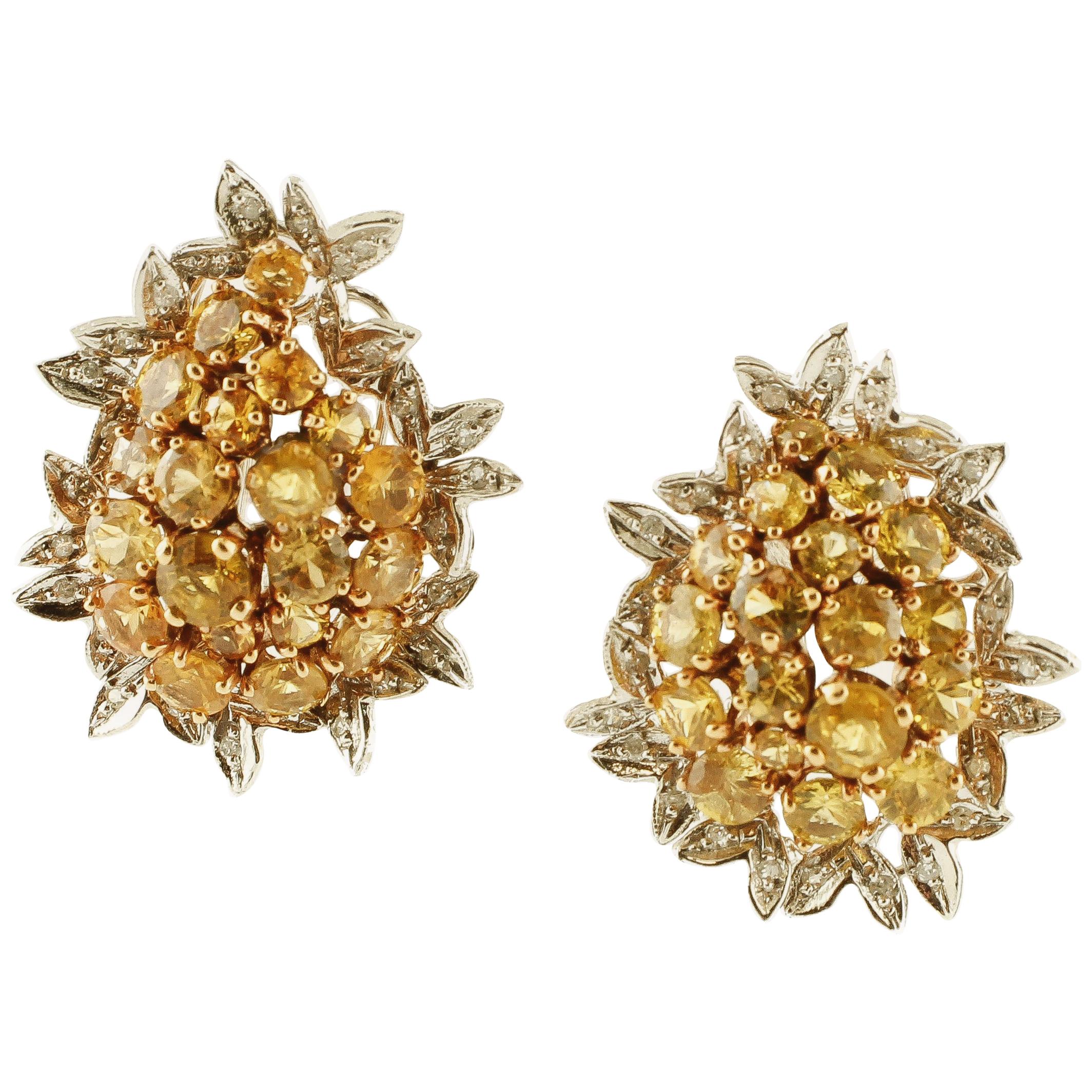 Diamonds, Yellow Sapphires, 14 Karat White and Rose Gold Stud Earrings