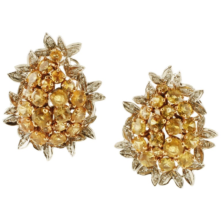 Diamonds, Yellow Sapphires, 14 Karat White and Rose Gold Stud Earrings ...