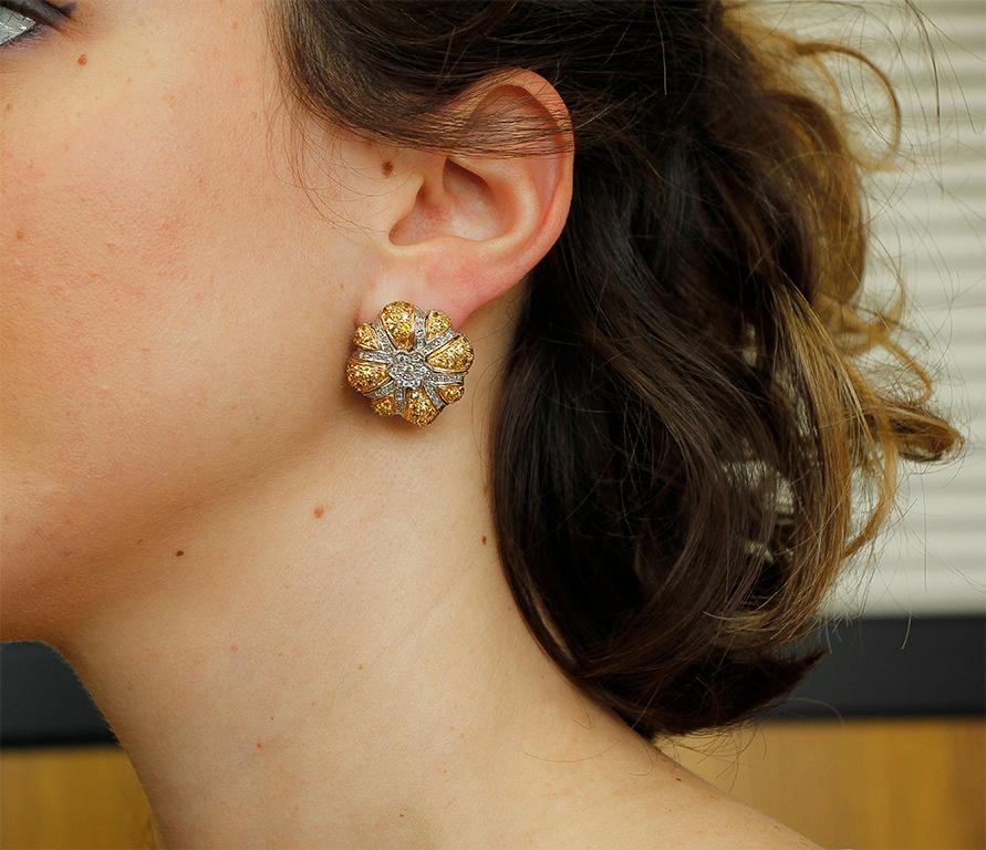Women's Diamonds, Yellow Sapphires, 14 Karat White and Yellow Gold Retro Stud Earrings For Sale