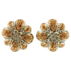 Diamonds, Yellow Sapphires, 14 Karat White and Yellow Gold Retro Stud Earrings