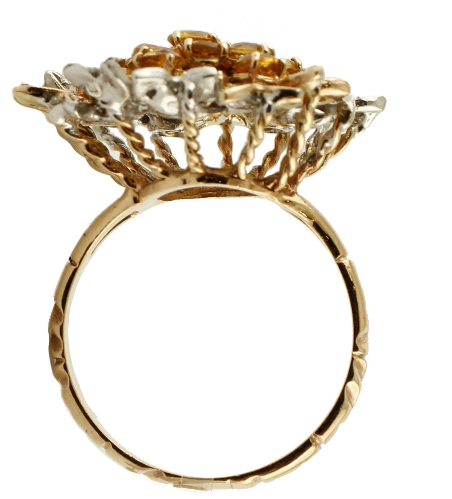 Women's Diamonds, Yellow Sapphires, 14 Karat White and Yellow Gold Retro Ring