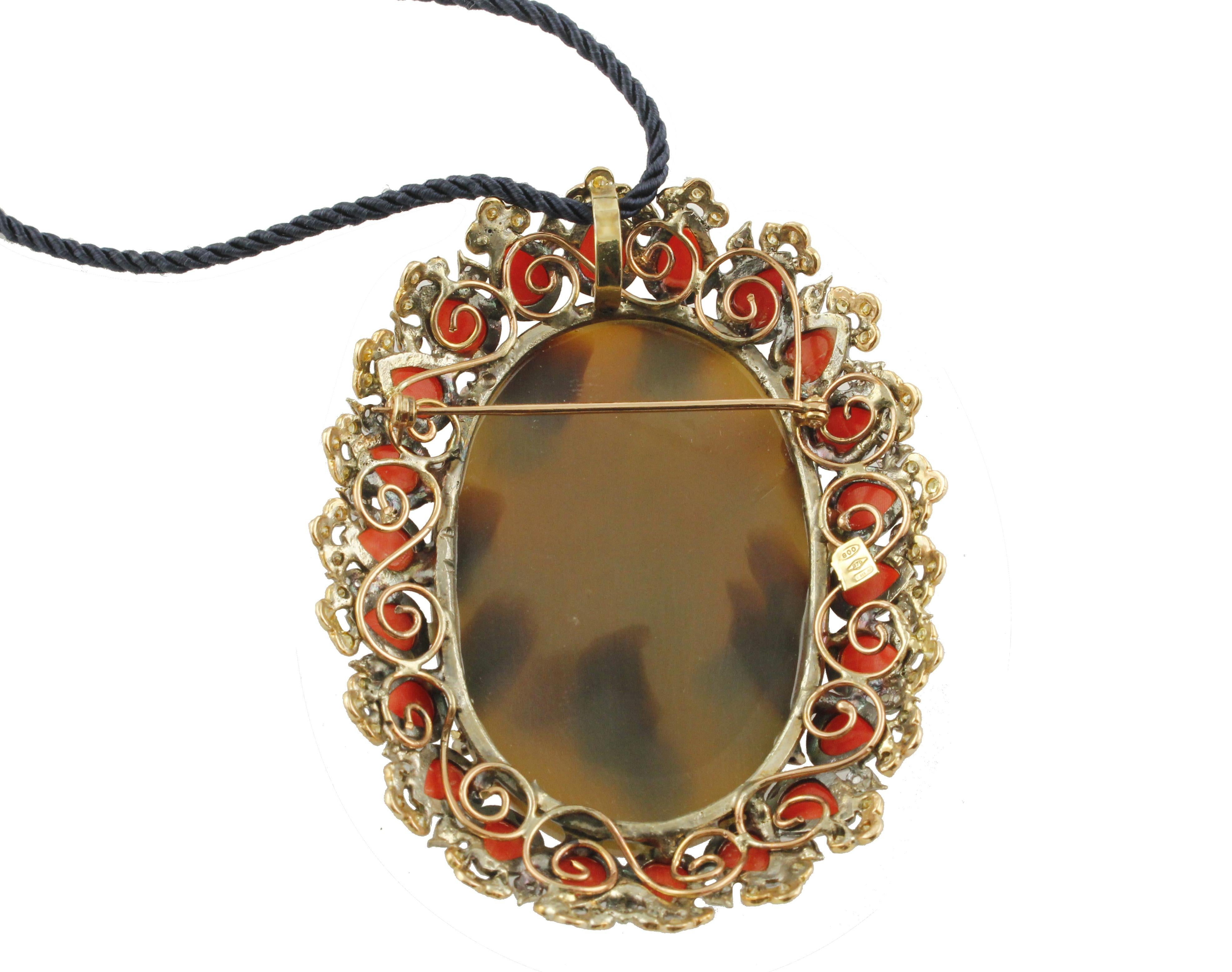 Retro Diamonds, Yellow Sapphires, Red Coral Drops, Gold Silver Pendant Necklace/Brooch For Sale