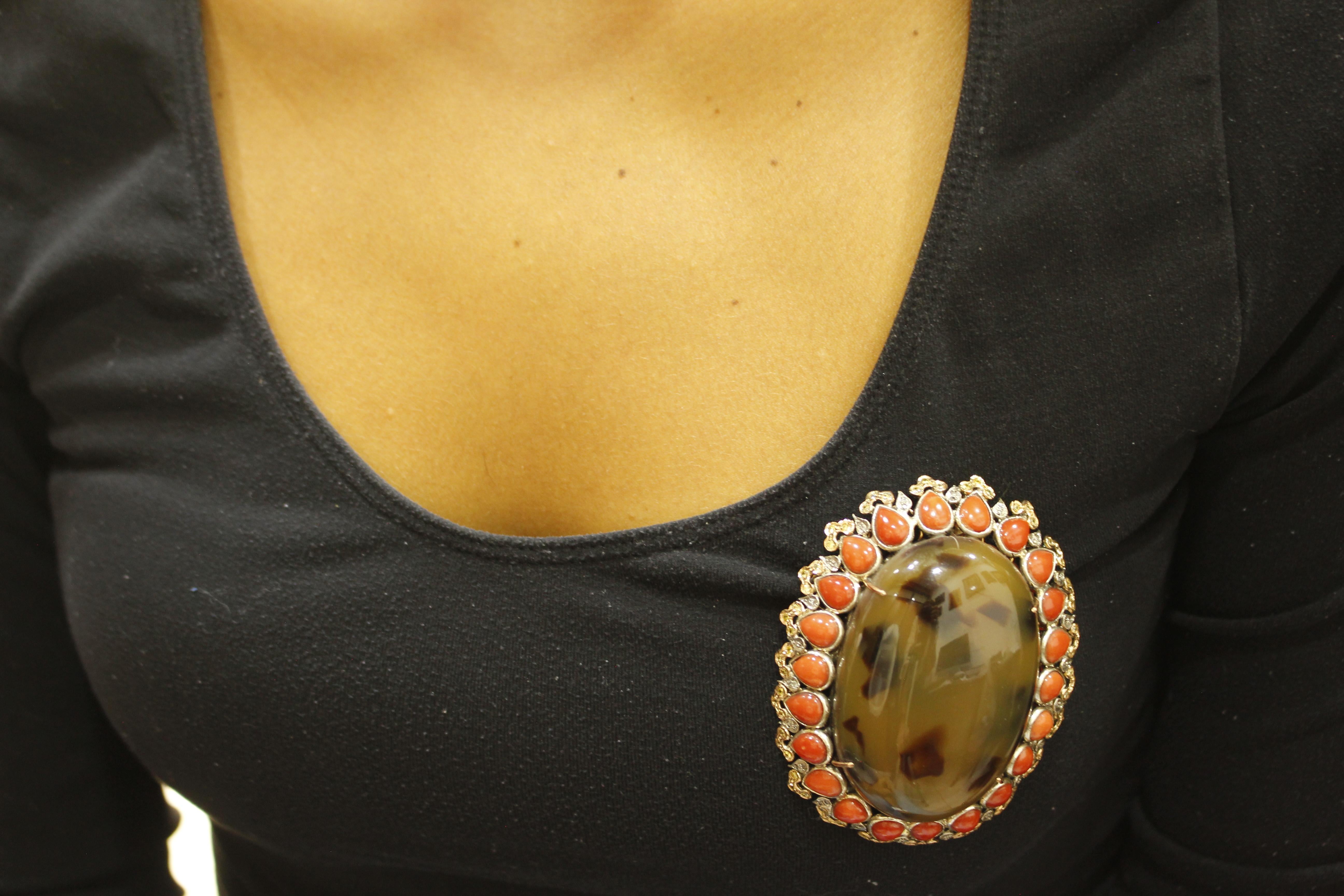 Diamonds, Yellow Sapphires, Red Coral Drops, Gold Silver Pendant Necklace/Brooch For Sale 2