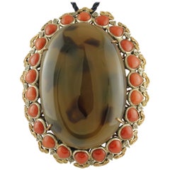 Collier/Broche pendentif en or, diamants, saphirs jaunes, gouttes de corail rouge