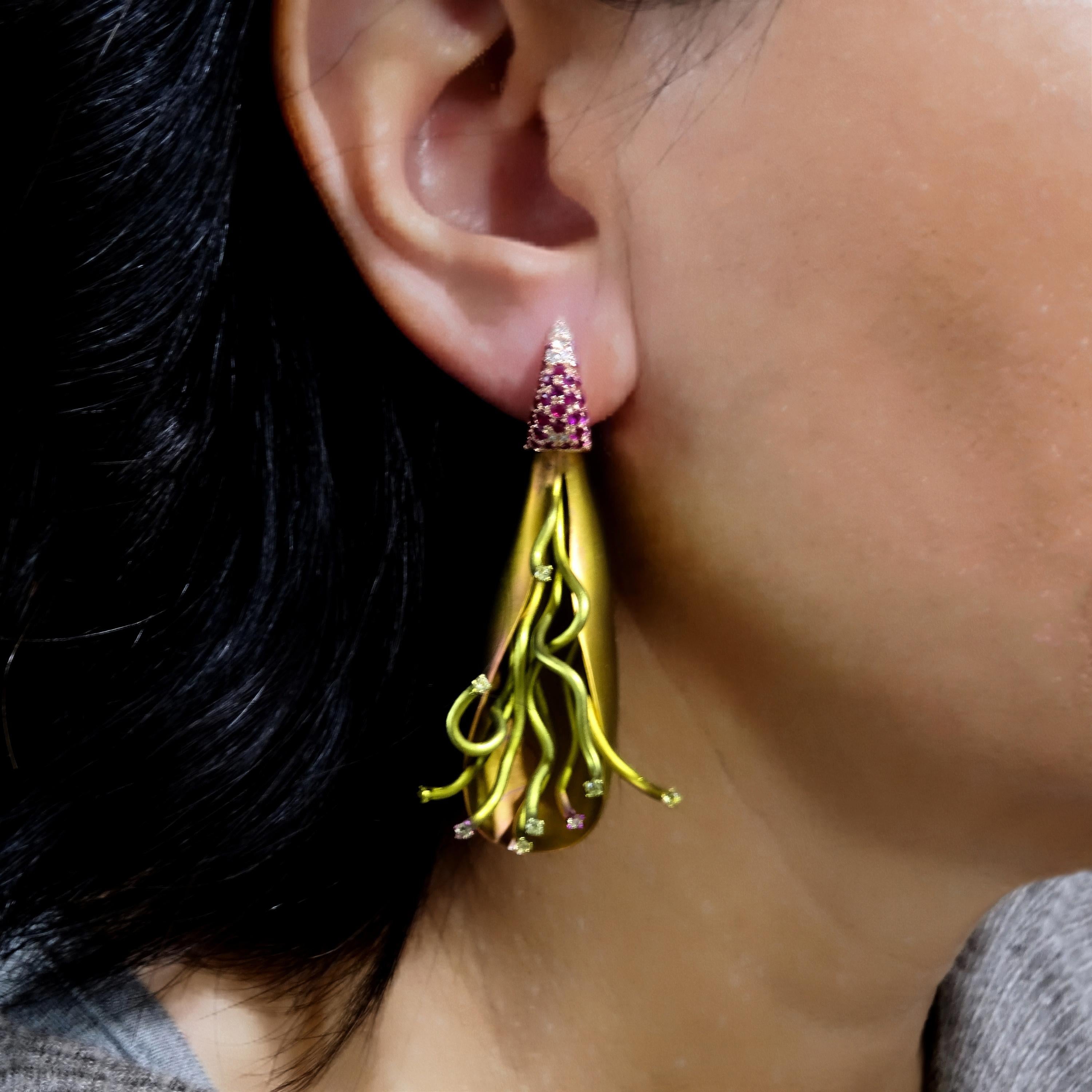 Brilliant Cut Diamonds Yellow Sapphires Rubies 18 Karat Rose Gold Titanium Clip-On Earrings For Sale
