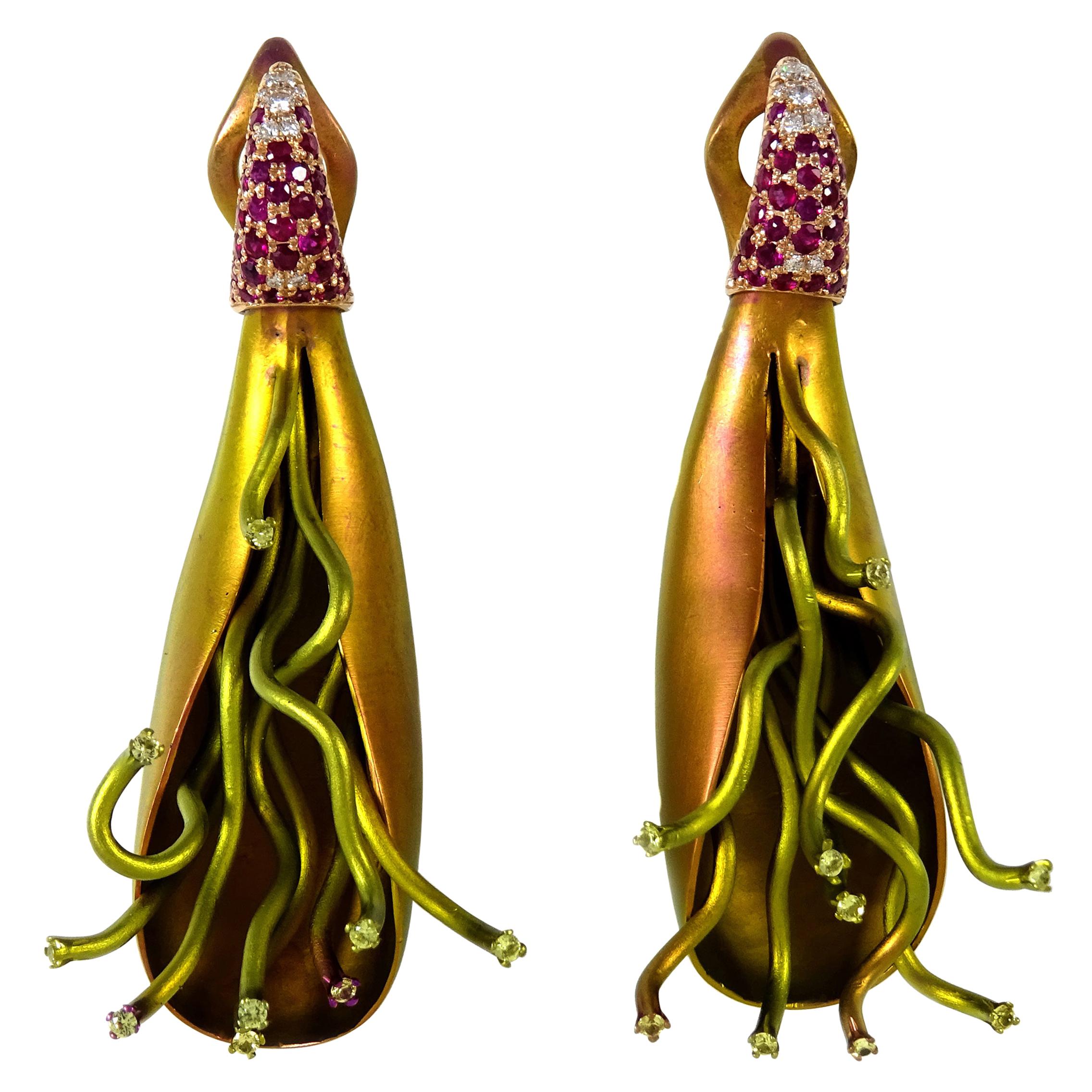 Diamonds Yellow Sapphires Rubies 18 Karat Rose Gold Titanium Clip-On Earrings For Sale