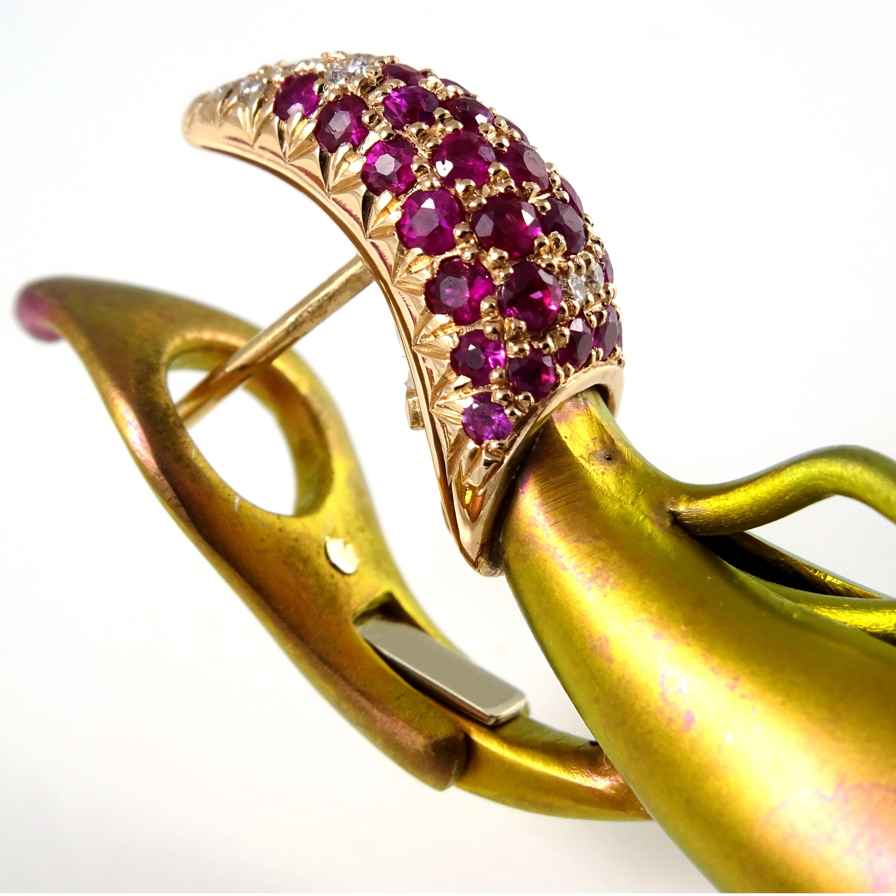 Diamonds Yellow Sapphires Rubies 18 Karat Rose Gold Titanium Clip-On Earrings For Sale 2