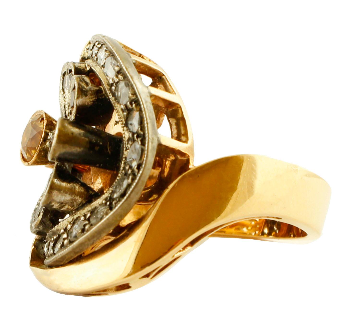 Rétro Diamants, pierres jaunes, bague de mode Retrò en or rose et argent en vente