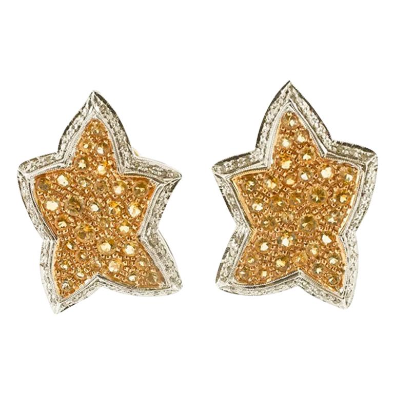 Diamonds, Yellow Topaz, 14 Karat White and Yellow Gold Star Earrings