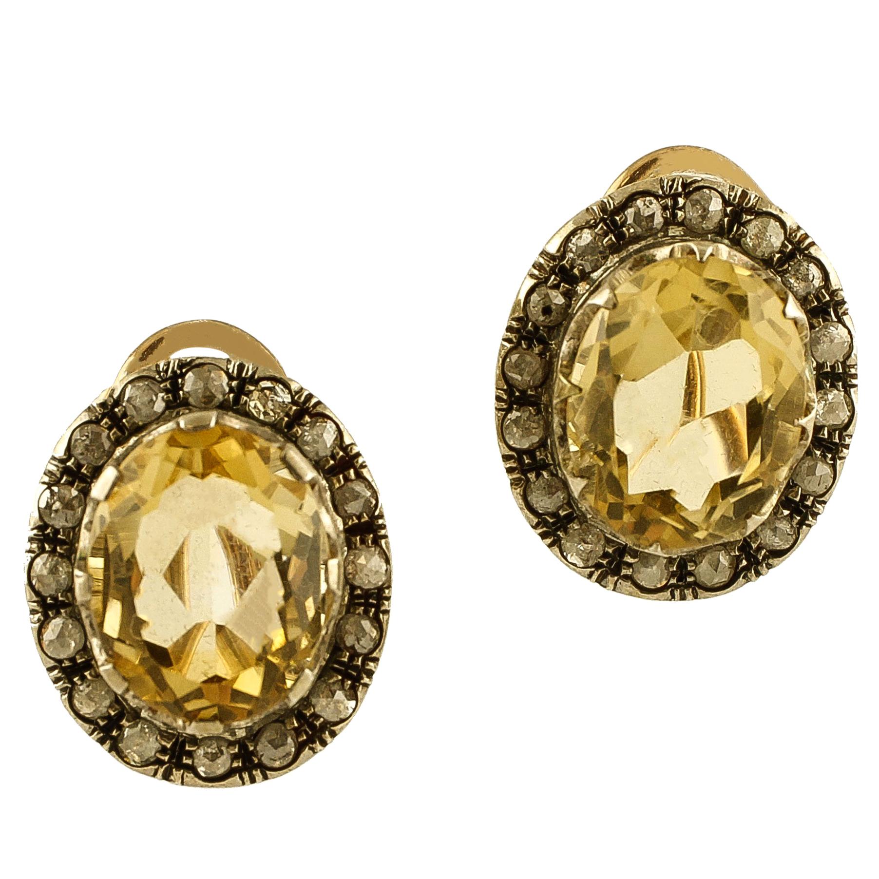 Diamonds, Yellow Topaz, 9 Karat Rose Gold and Silver Stud Earrings