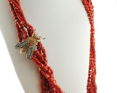 Diamonds Yellow Topaz Garnet Rose Gold Silver Fly Shape Clasp Red Coral Necklace