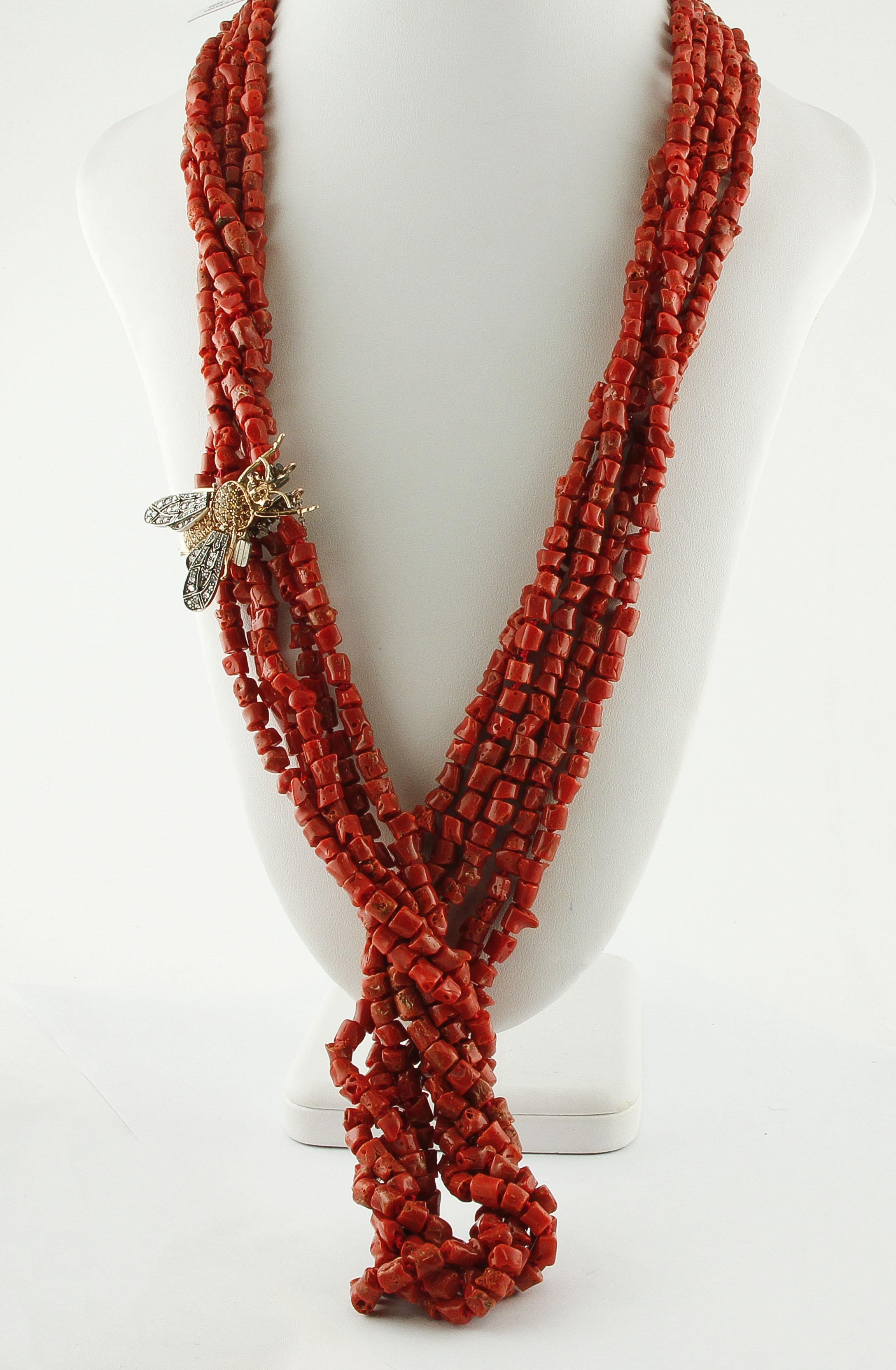 Halskette mit roter Koralle mit Diamanten, Gelber Topas Granat Roségold Silber Fliegenform Verschluss (Retro) im Angebot