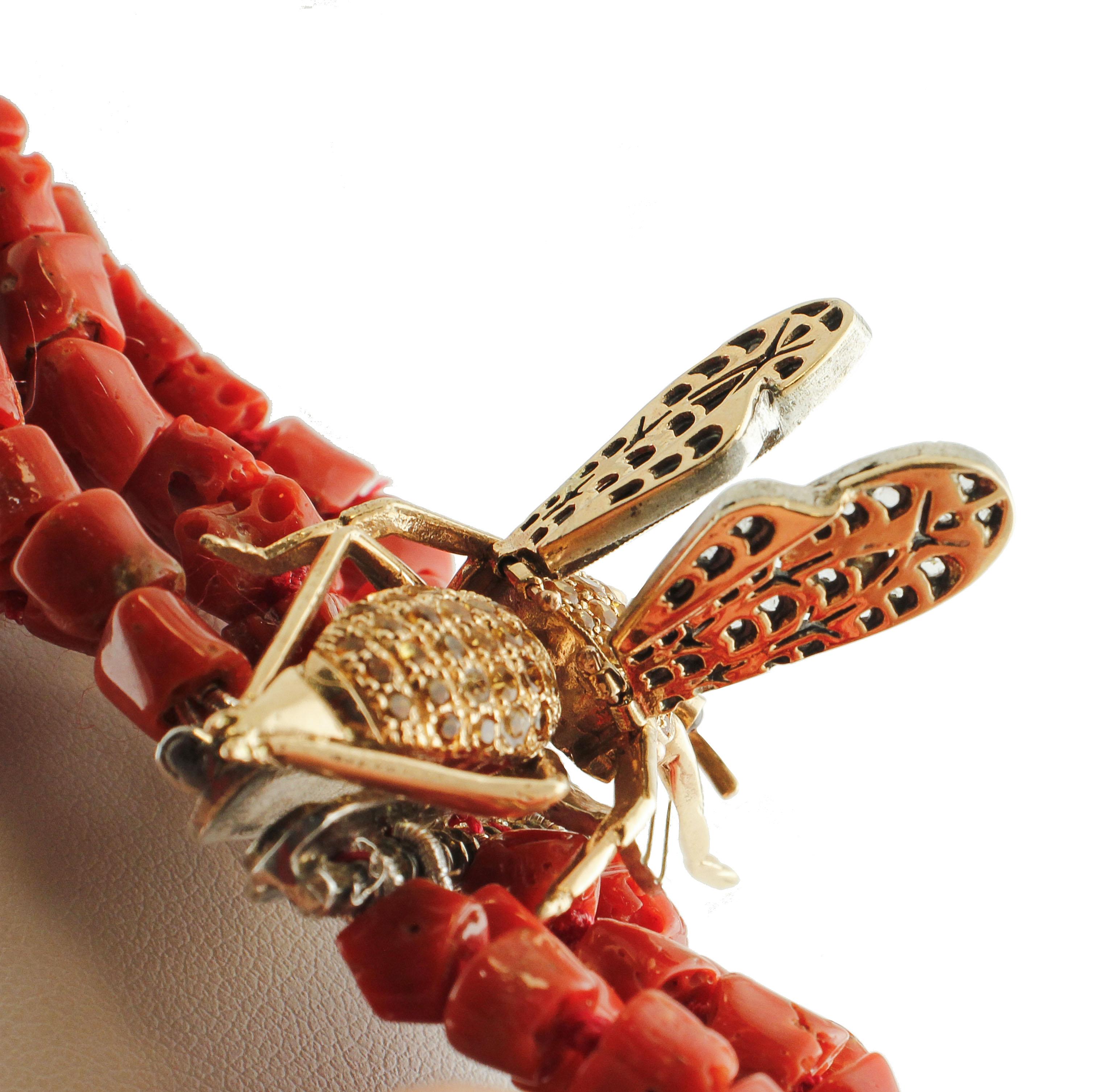 Halskette mit roter Koralle mit Diamanten, Gelber Topas Granat Roségold Silber Fliegenform Verschluss (Gemischter Schliff) im Angebot
