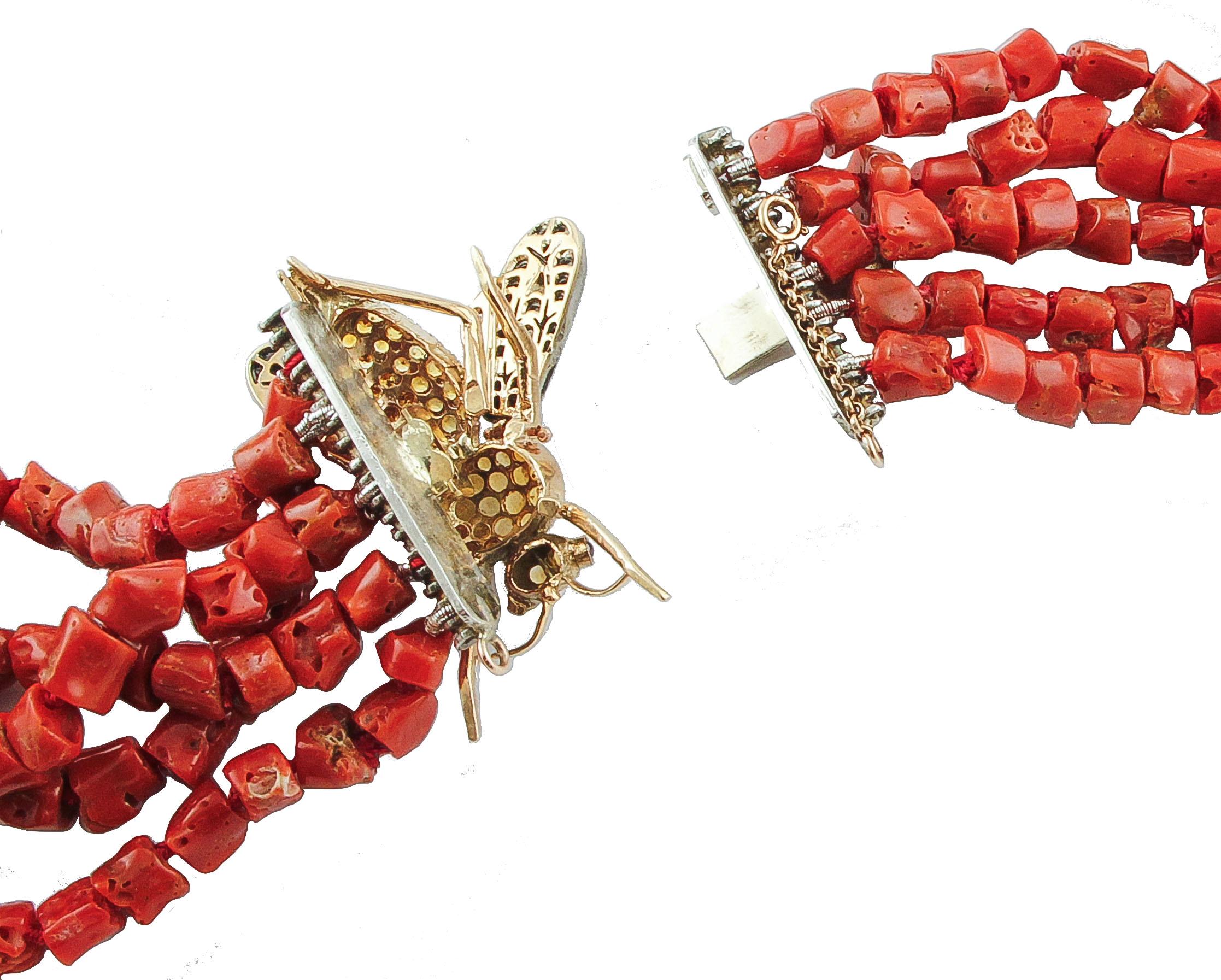 Retro Diamonds Yellow Topaz Garnet Rose Gold Silver Fly Shape Clasp Red Coral Necklace For Sale