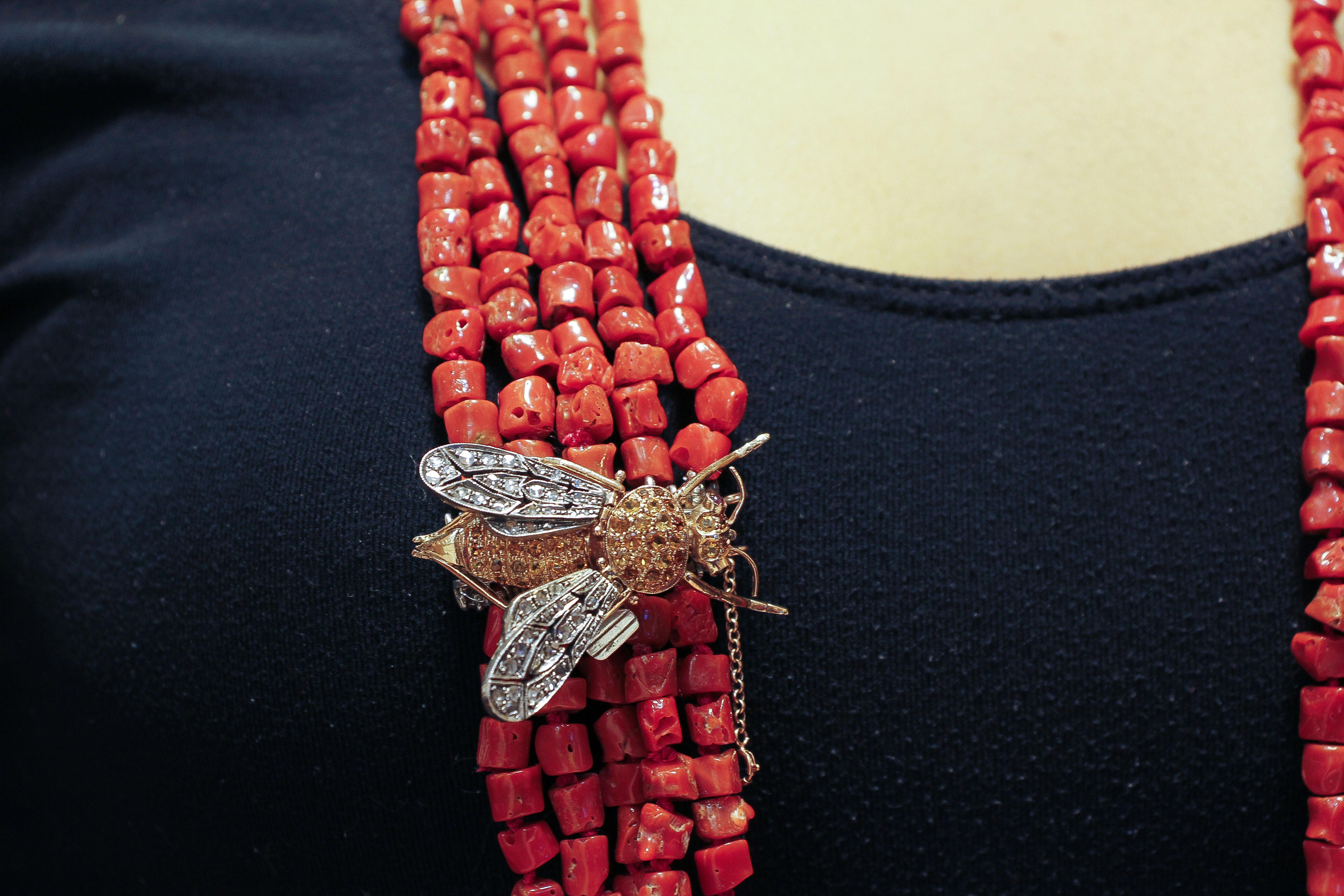 Halskette mit roter Koralle mit Diamanten, Gelber Topas Granat Roségold Silber Fliegenform Verschluss im Angebot 3