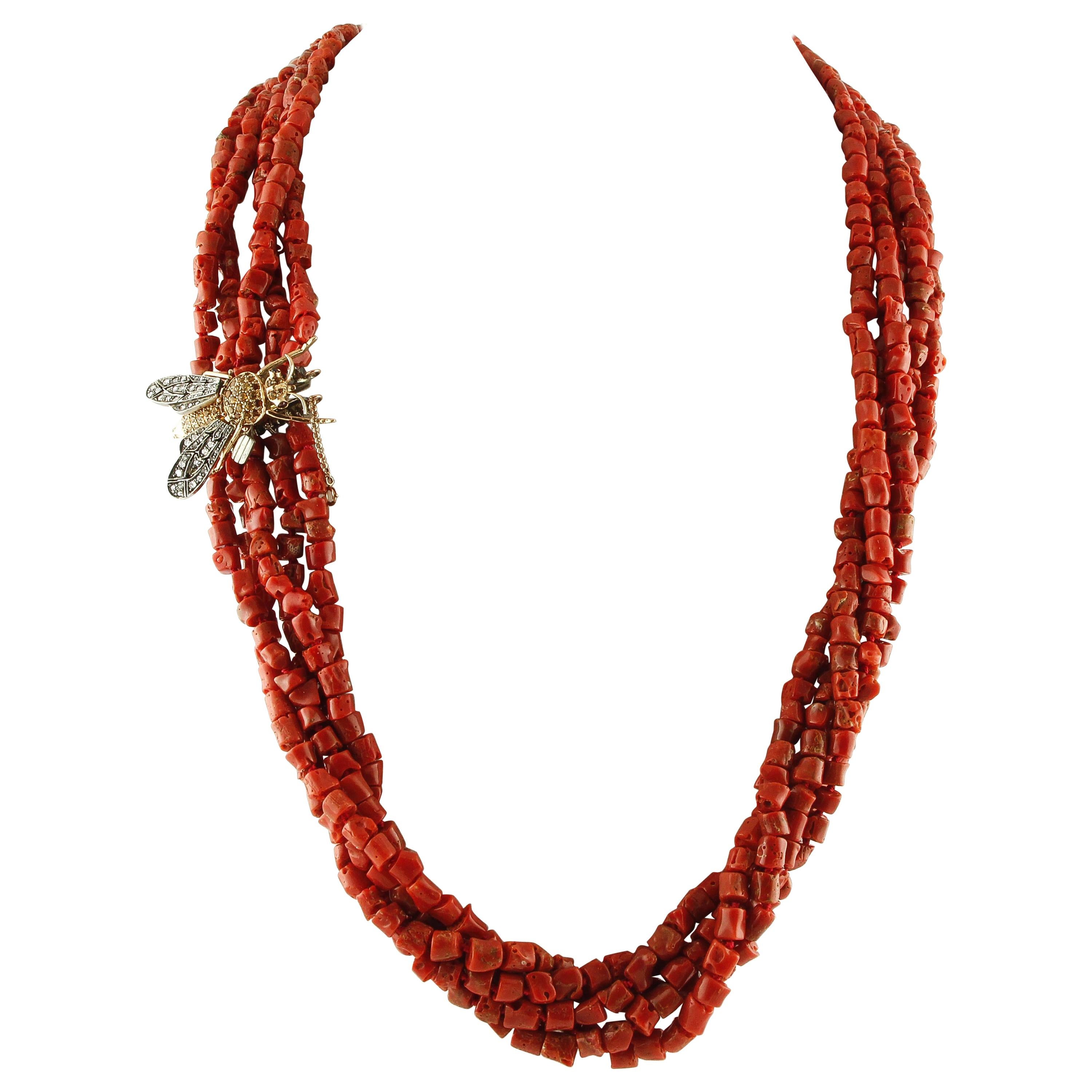 Halskette mit roter Koralle mit Diamanten, Gelber Topas Granat Roségold Silber Fliegenform Verschluss im Angebot