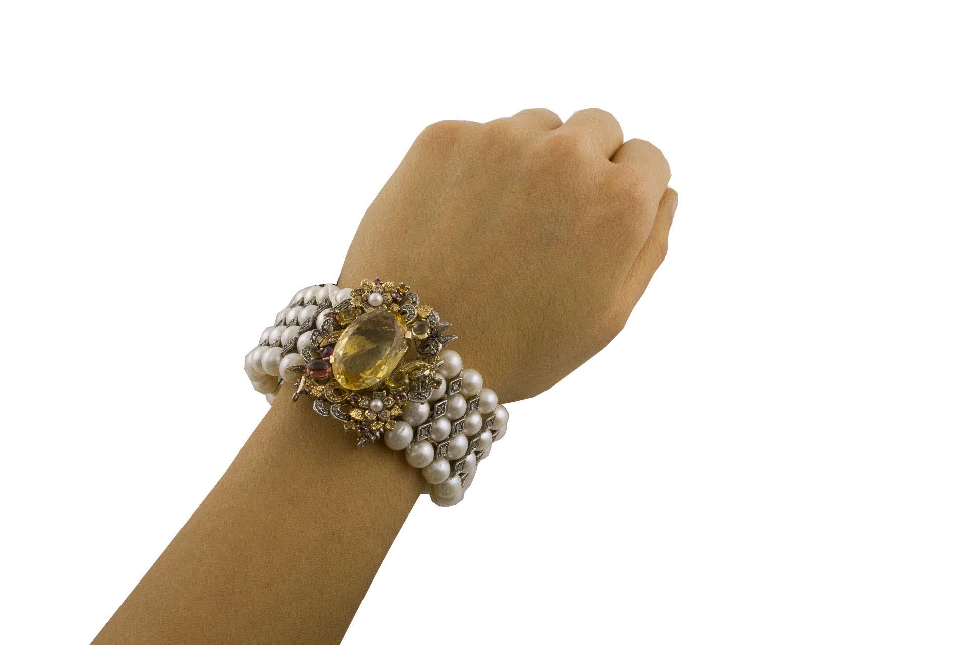 Diamonds Yellow Topaz Garnets Peridot Little Pearls Rose Gold Silver Bracelet 1