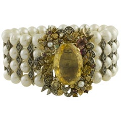 Vintage Diamonds Yellow Topaz Garnets Peridot Little Pearls Rose Gold Silver Bracelet