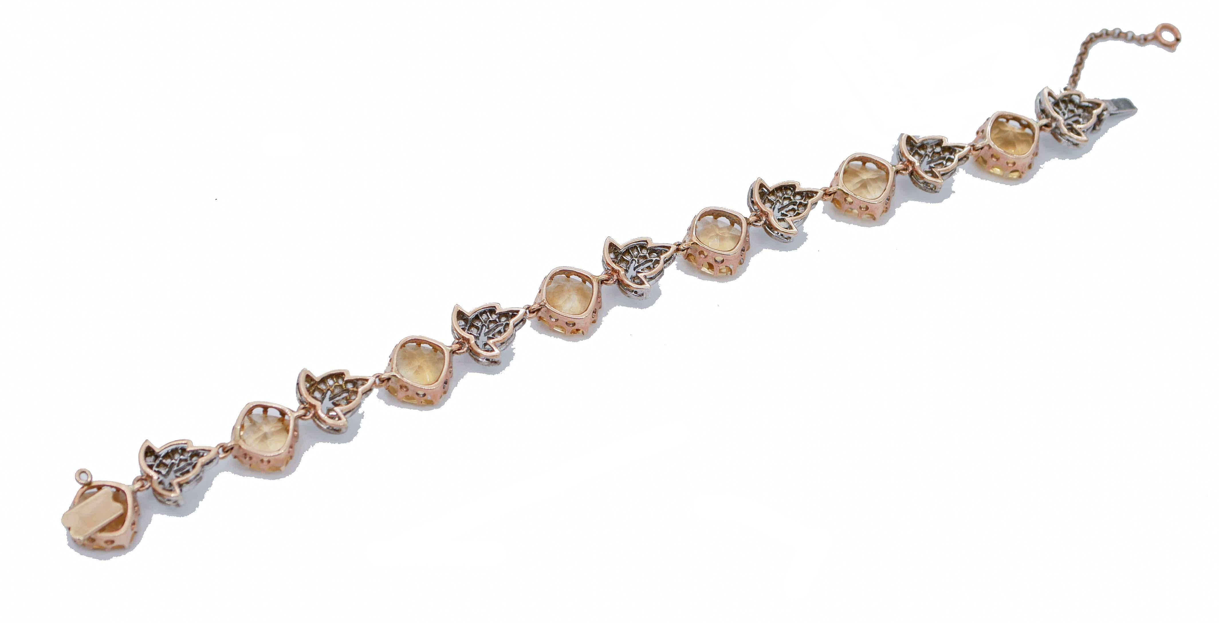 Retro Diamonds, Yellow Topaz, Rose Gold and Silver Bracelet For Sale