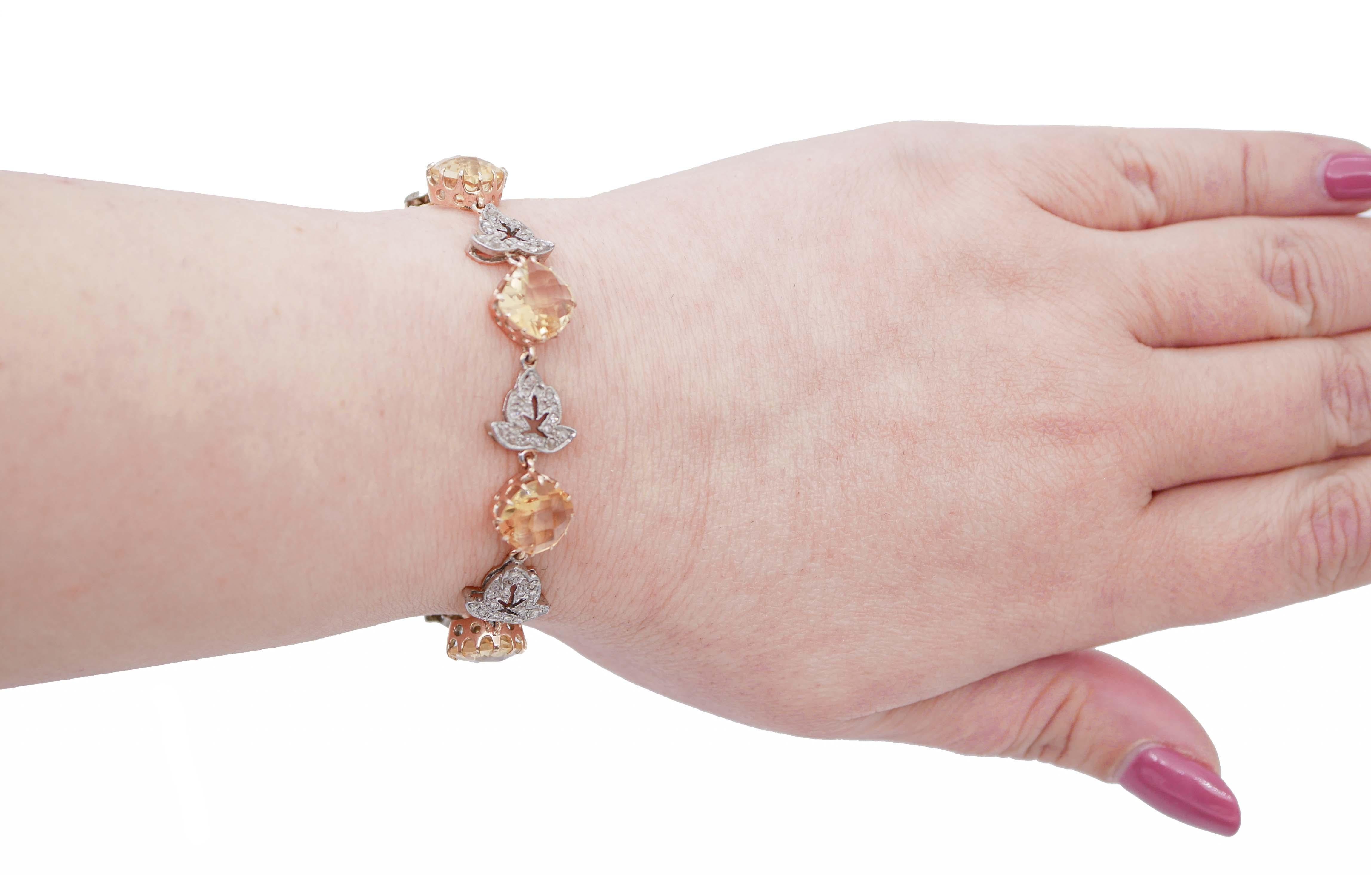 Mixed Cut Diamonds, Yellow Topaz, Rose Gold and Silver Bracelet For Sale