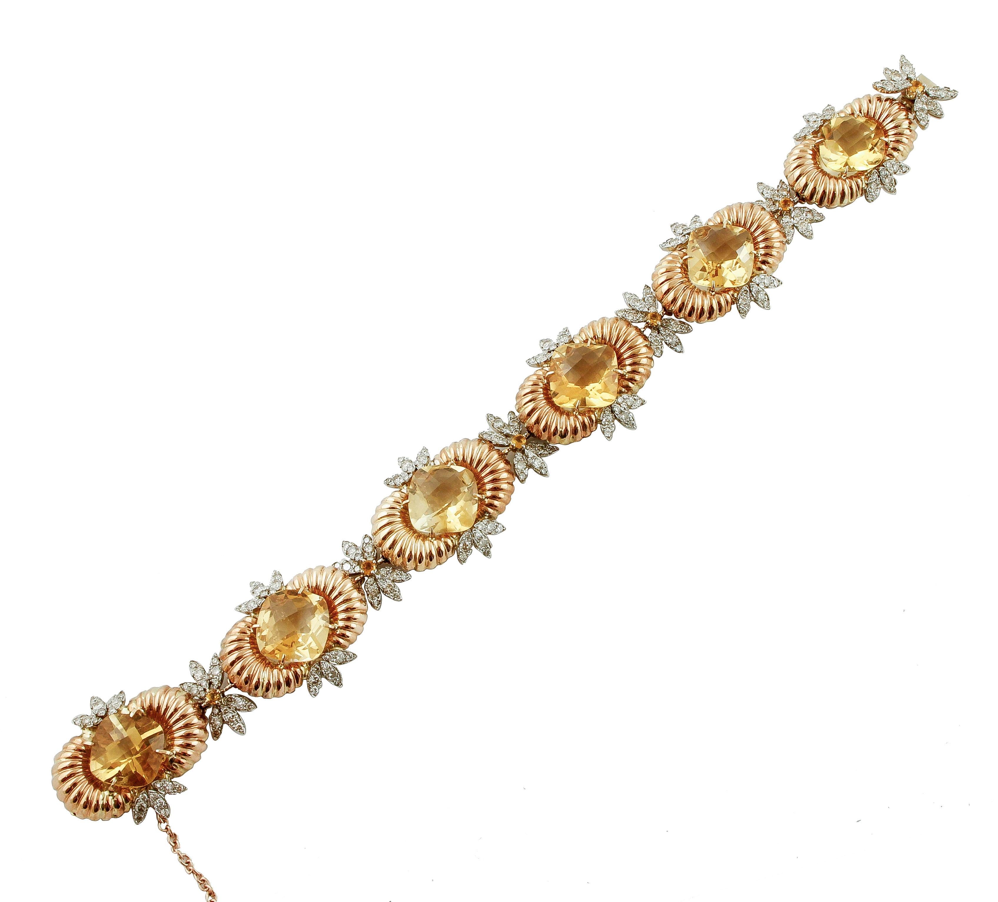 Brilliant Cut Diamonds, Yellow Topazes, 14 Karat Rose and White Gold Retrò Link Bracelet For Sale