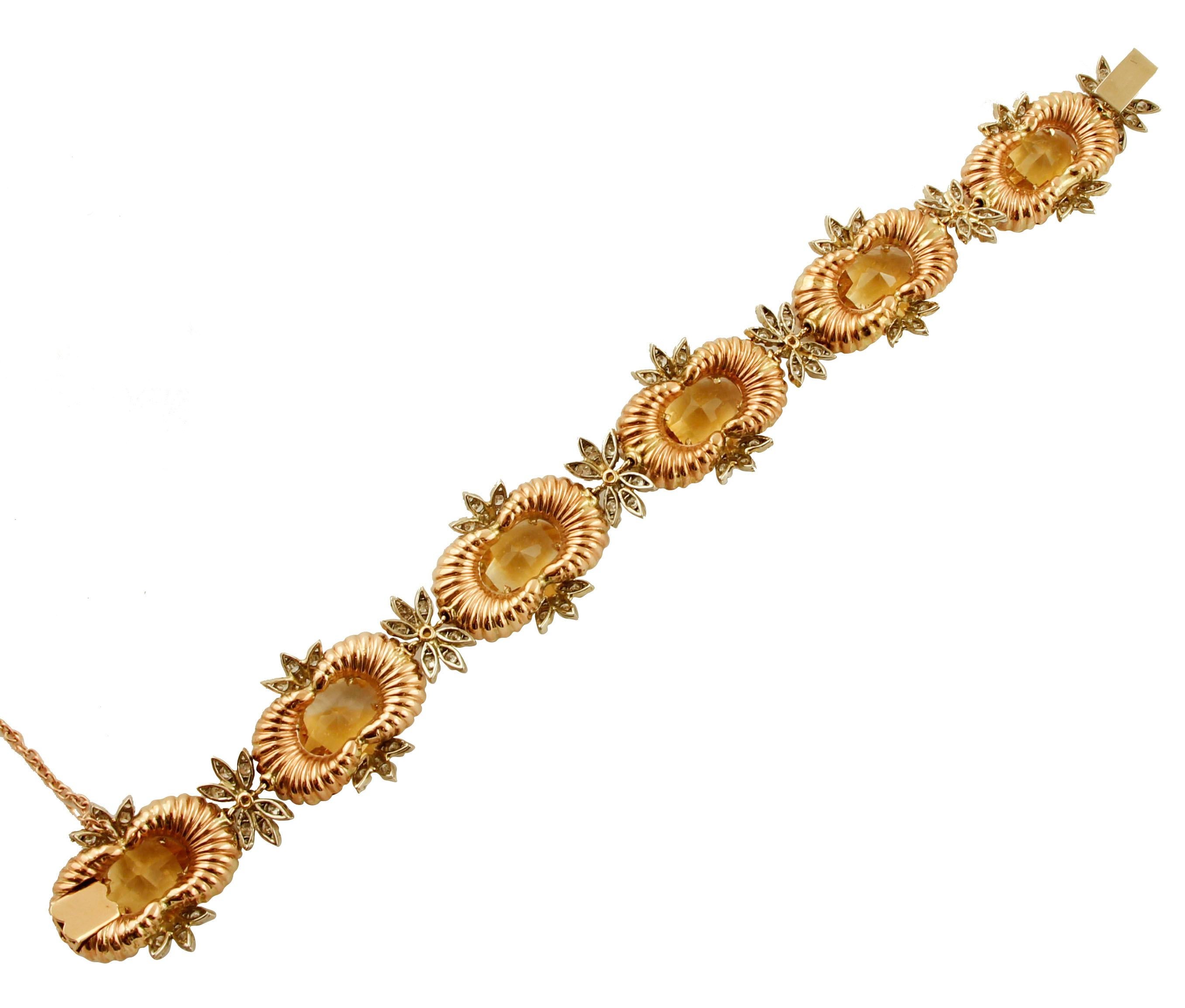 Diamonds, Yellow Topazes, 14 Karat Rose and White Gold Retrò Link Bracelet In Excellent Condition For Sale In Marcianise, Marcianise (CE)
