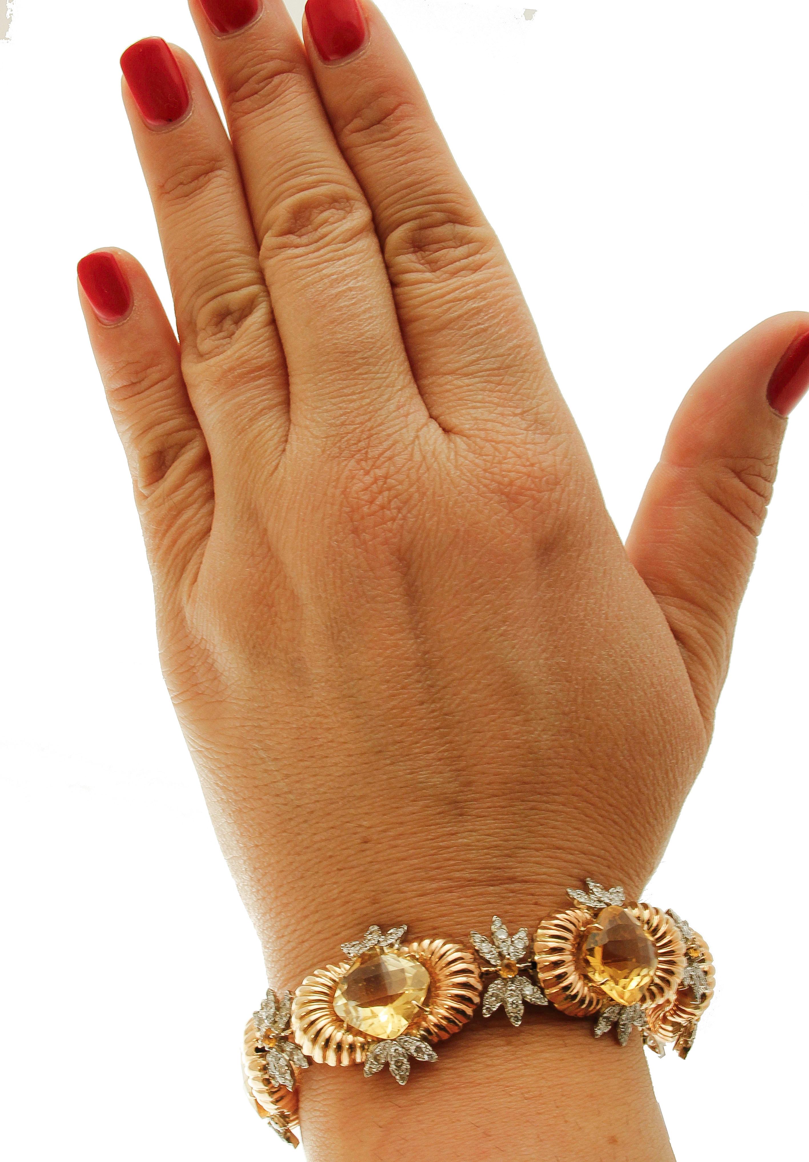 Women's Diamonds, Yellow Topazes, 14 Karat Rose and White Gold Retrò Link Bracelet