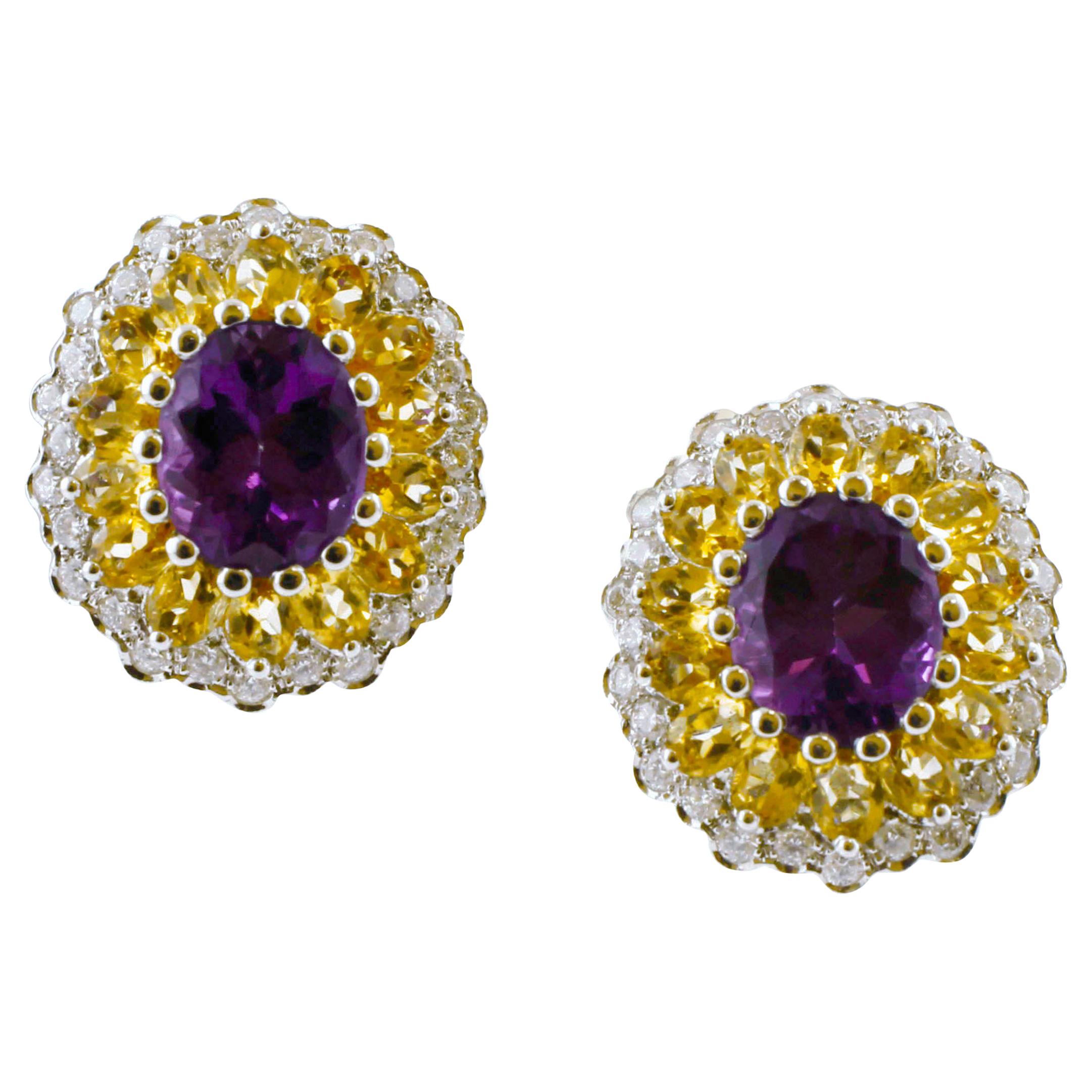 Diamonds, Yellow Topazes, Amethysts, 14K White Gold Earrings For Sale