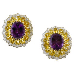 Vintage Diamonds, Yellow Topazes, Amethysts, 14K White Gold Earrings