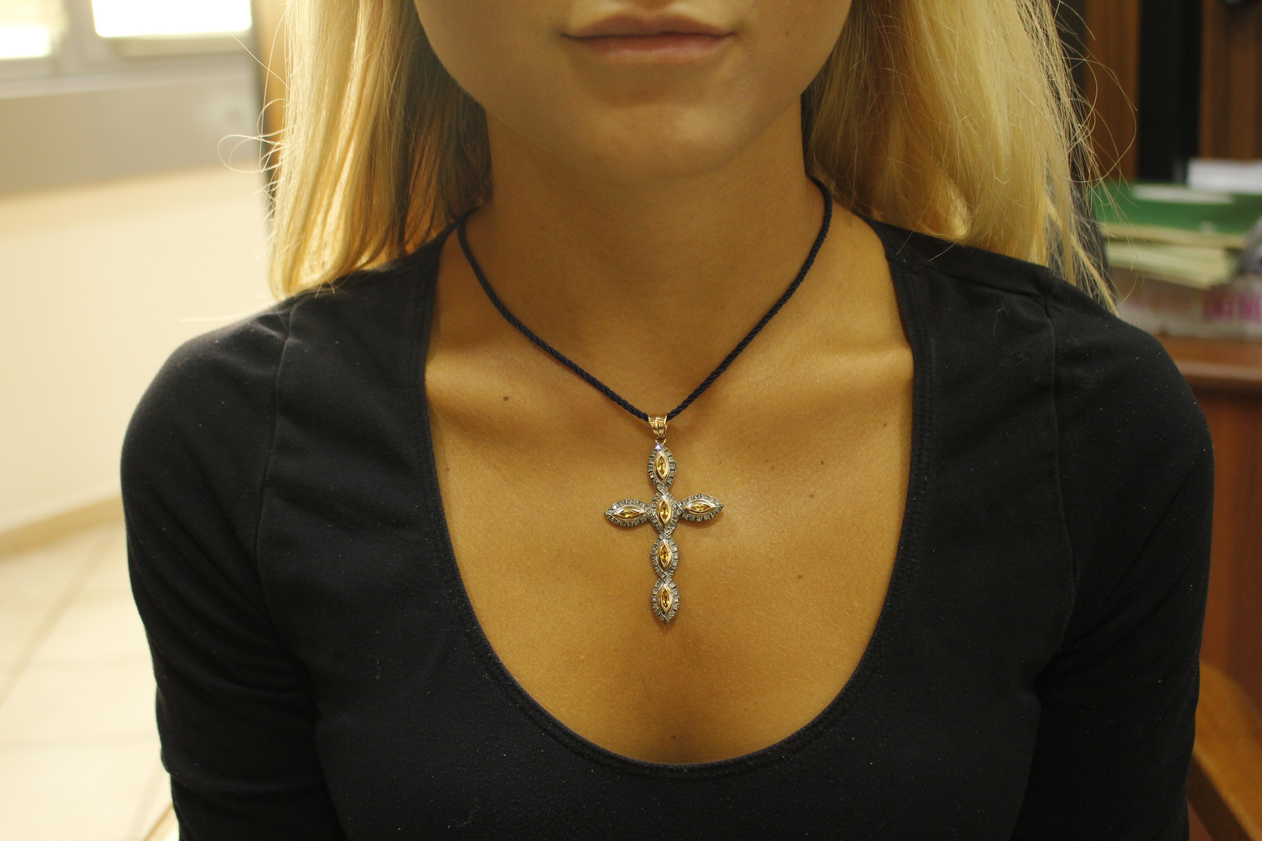 Diamonds Yellow Topazes Rose Gold and Silver Cross Pendant Necklace 1