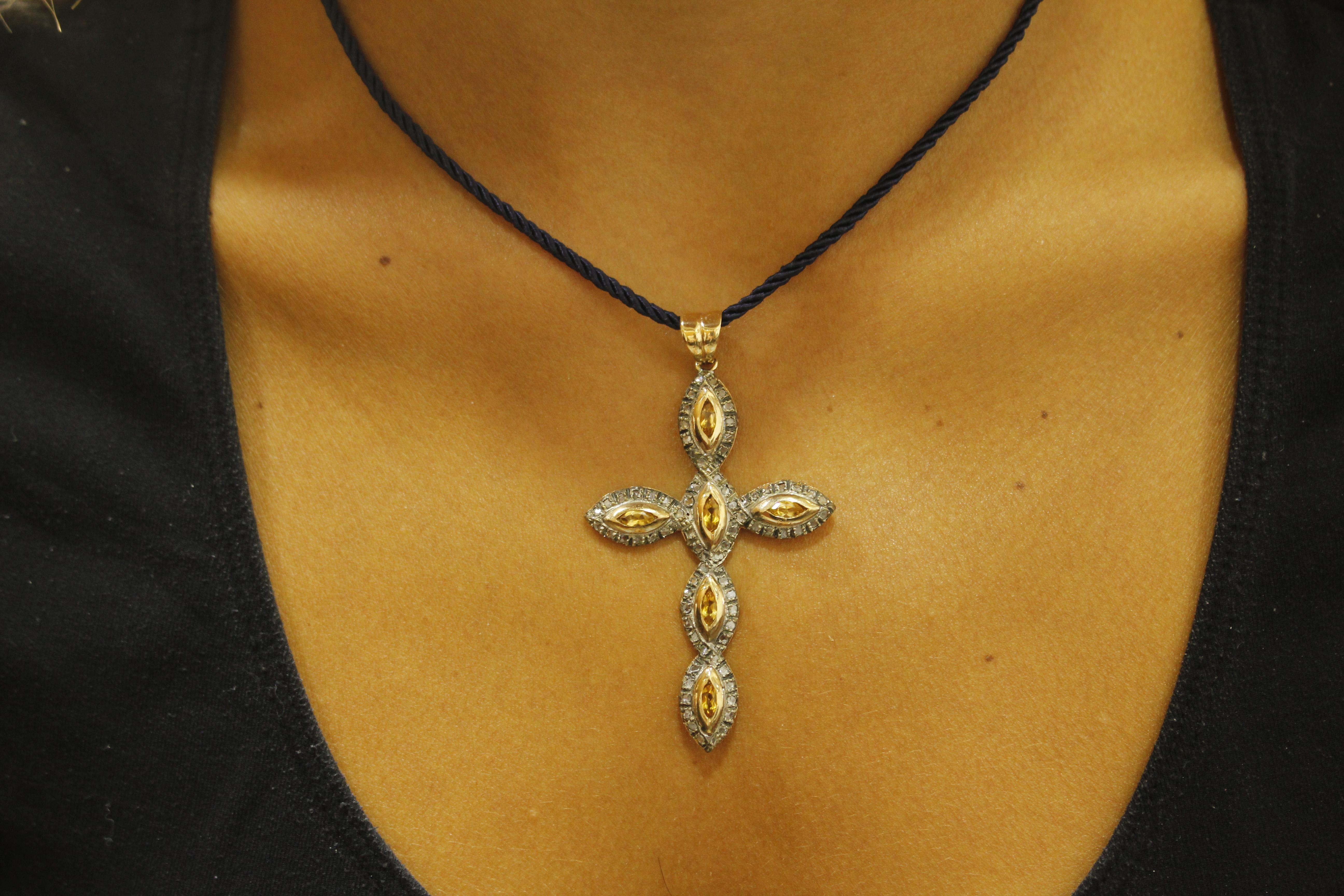 Diamonds Yellow Topazes Rose Gold and Silver Cross Pendant Necklace 2