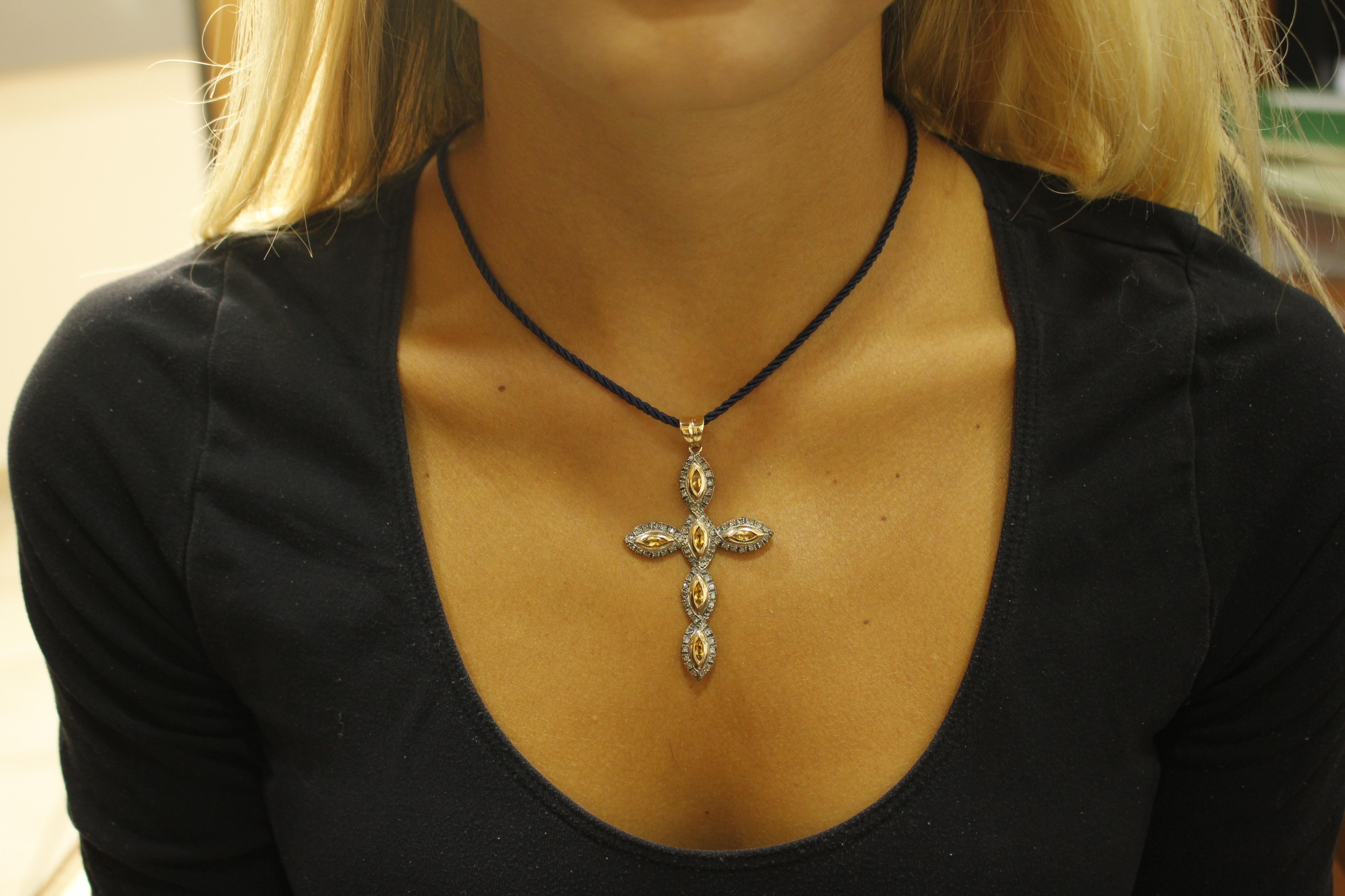 Diamonds Yellow Topazes Rose Gold and Silver Cross Pendant Necklace 3