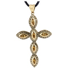 Diamonds Yellow Topazes Rose Gold and Silver Cross Pendant Necklace