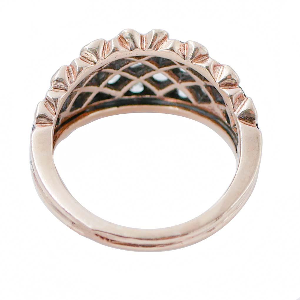 Retro Diamonds, 12 Karat Rose Gold and Silver Ring For Sale