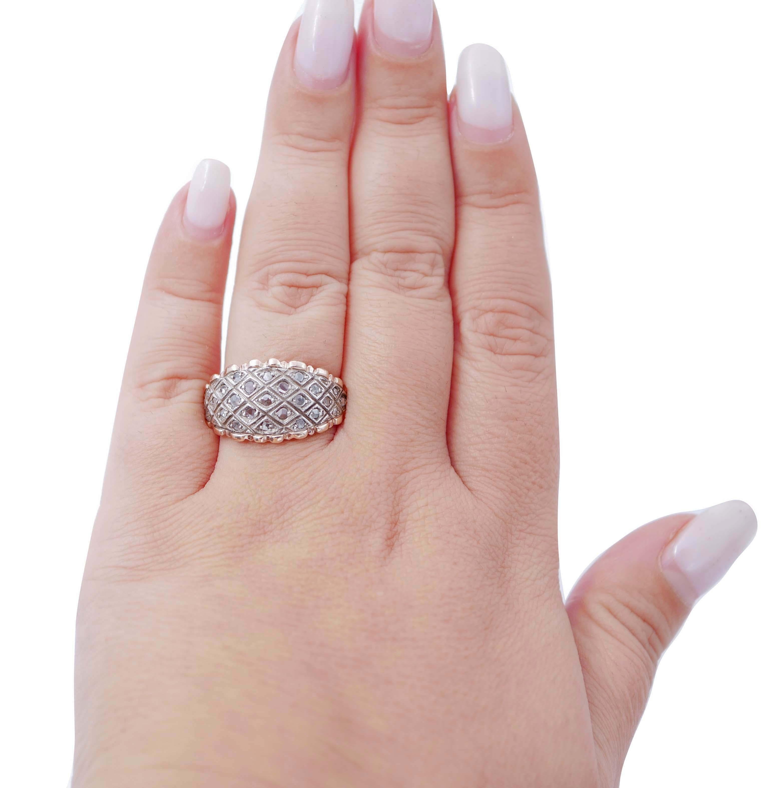 Ring aus 12 Karat Roségold mit Diamanten und Silber (Gemischter Schliff) im Angebot