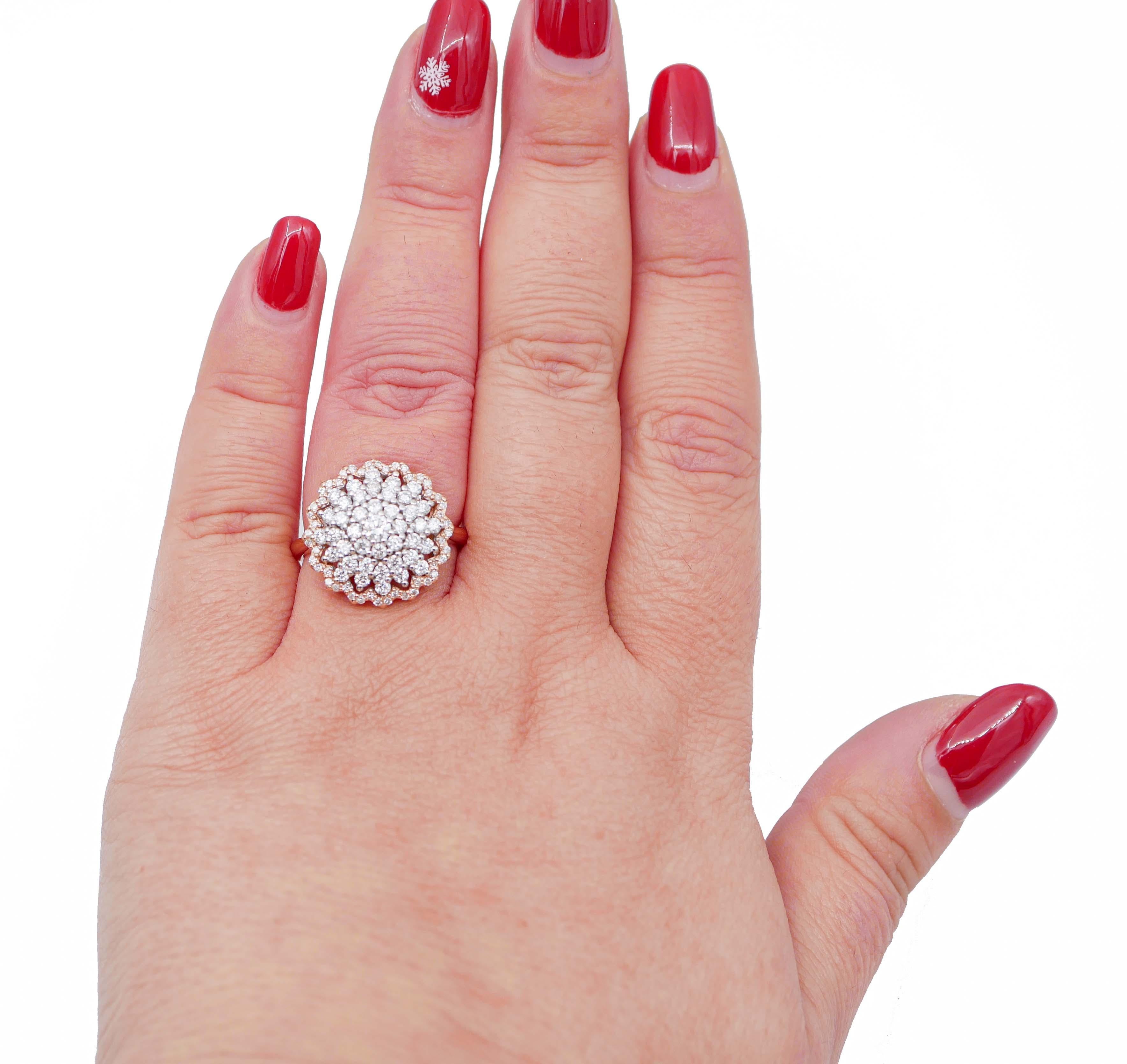 Modern Diamonds, 18 Karat Rose and White Gold Ring For Sale