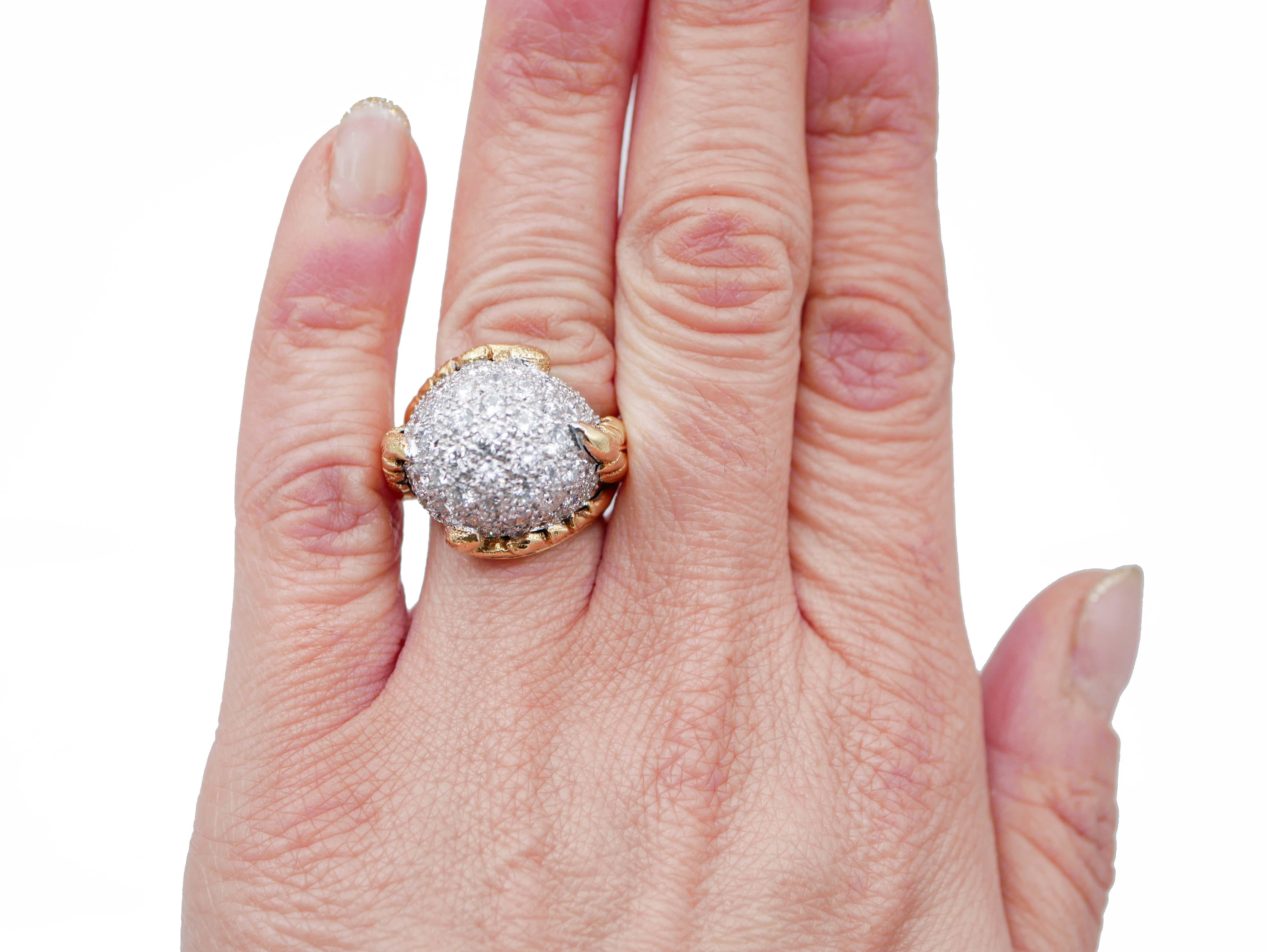 Brilliant Cut Diamonds, 18 Karat White and Yellow Gold Dome Ring For Sale