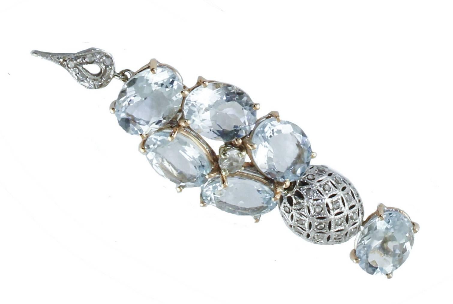 Women's Diamonds Aquamarine White and Rose Gold Dangling Earrings
