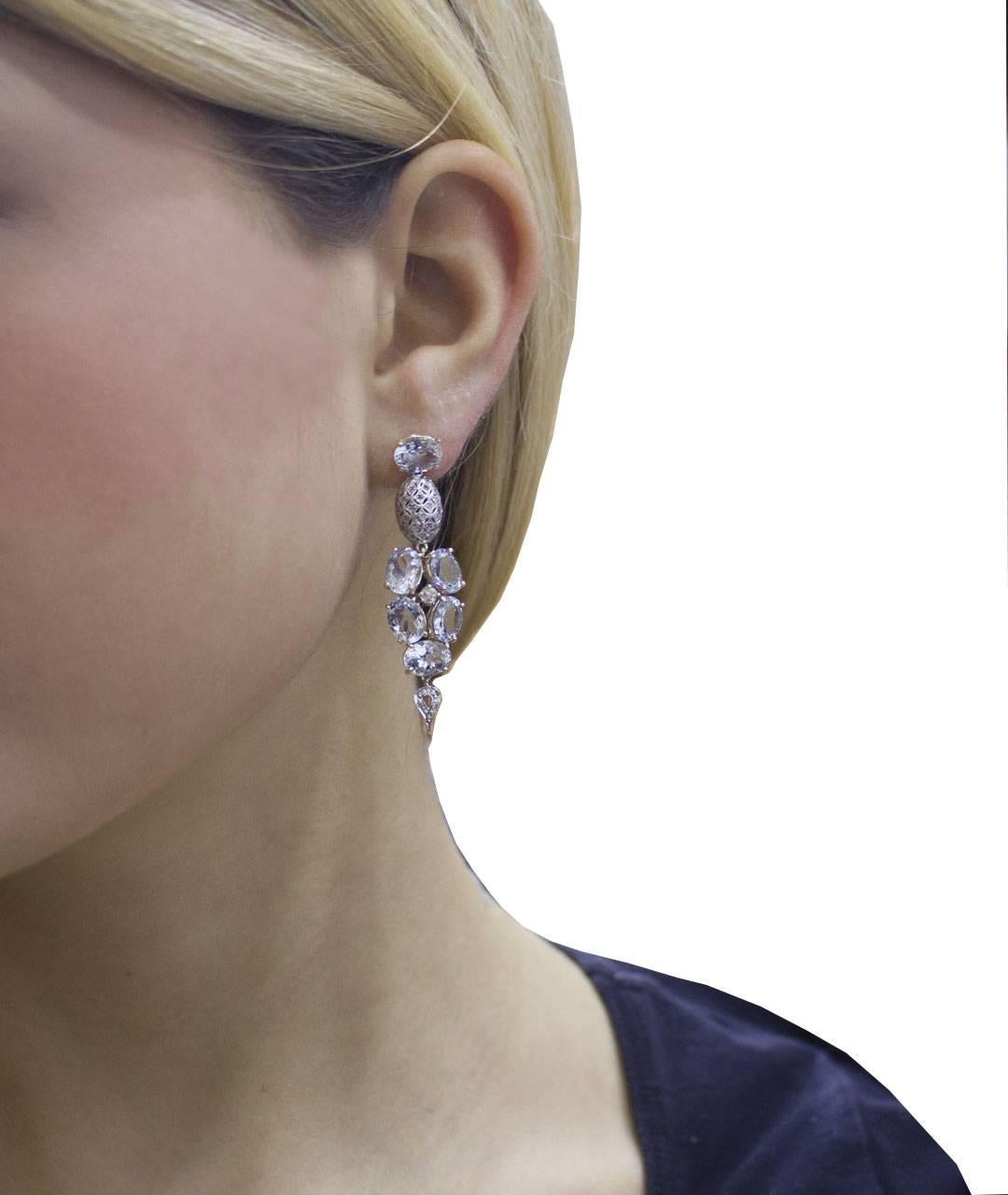 Diamonds Aquamarine White and Rose Gold Dangling Earrings 4