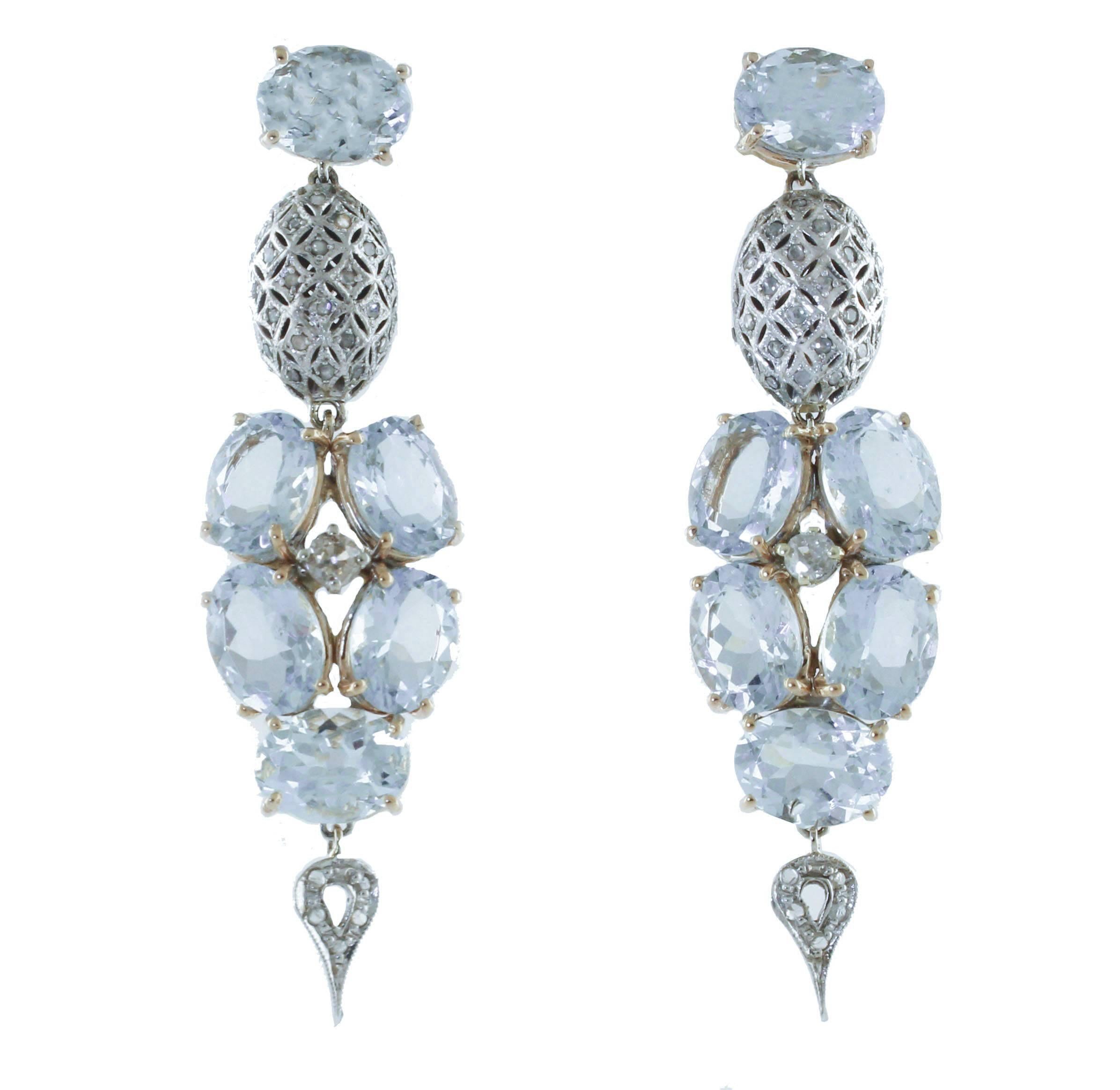 Diamonds Aquamarine White and Rose Gold Dangling Earrings