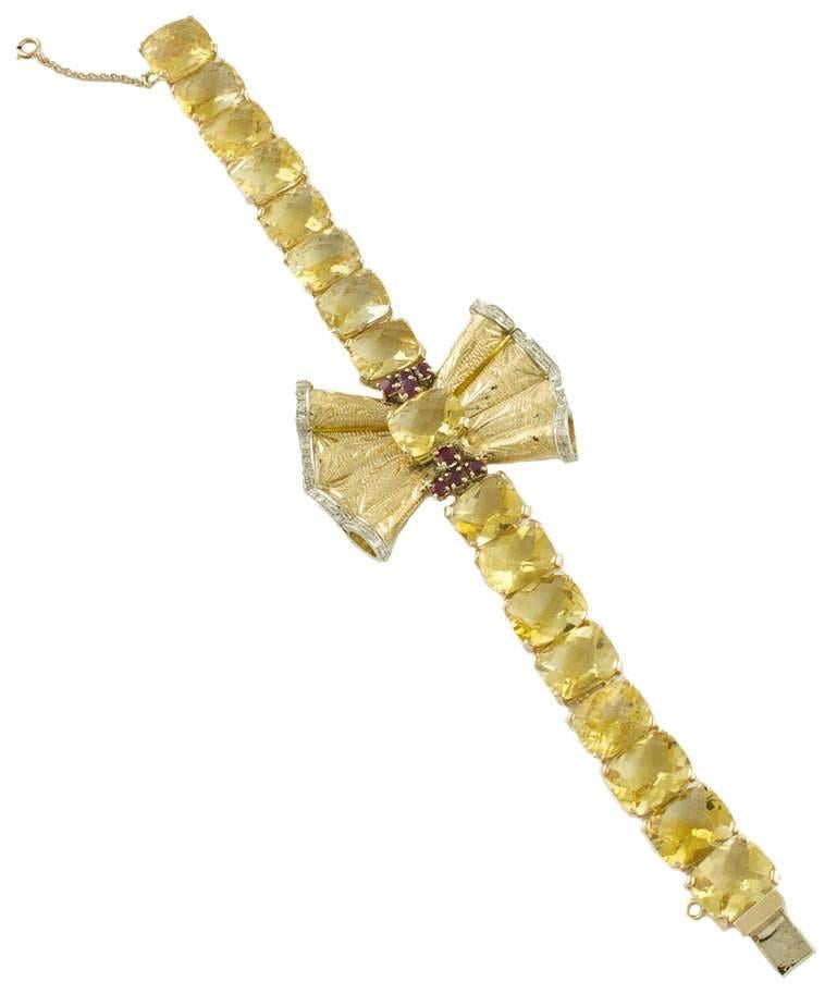 Retro Diamonds Rubies Yellow Topaz Rose Gold Bracelet For Sale