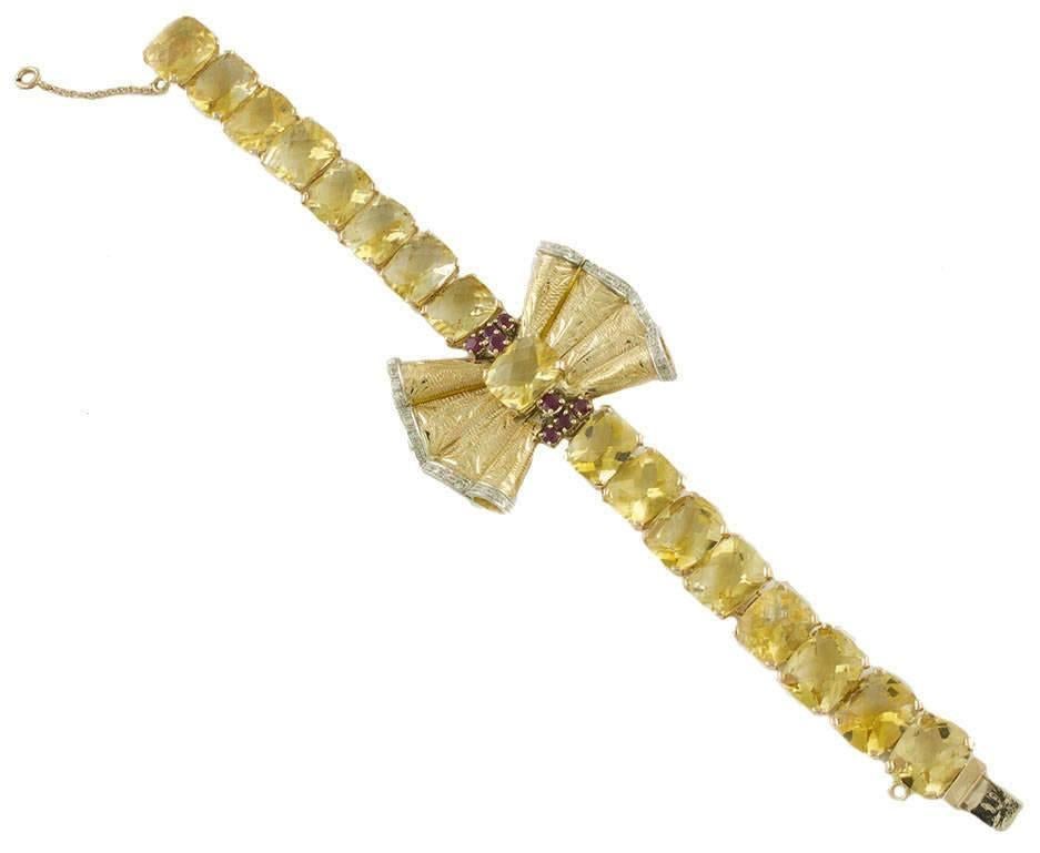 Brilliant Cut Diamonds Rubies Yellow Topaz Rose Gold Bracelet For Sale