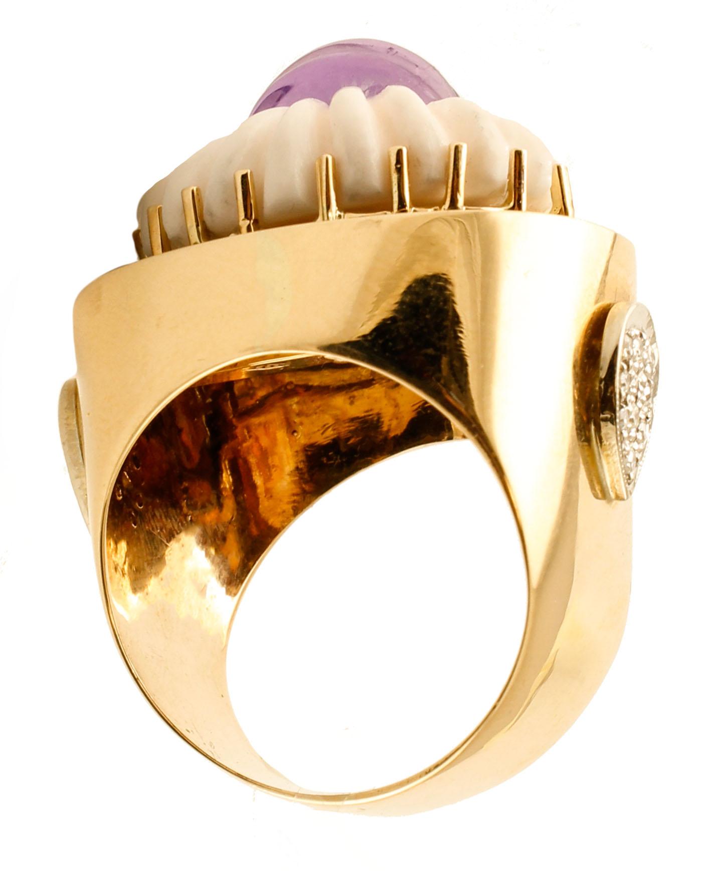 Retro Diamonds, Amethyst, Onyx, Coral, Yellow Gold, Vintage Ring For Sale