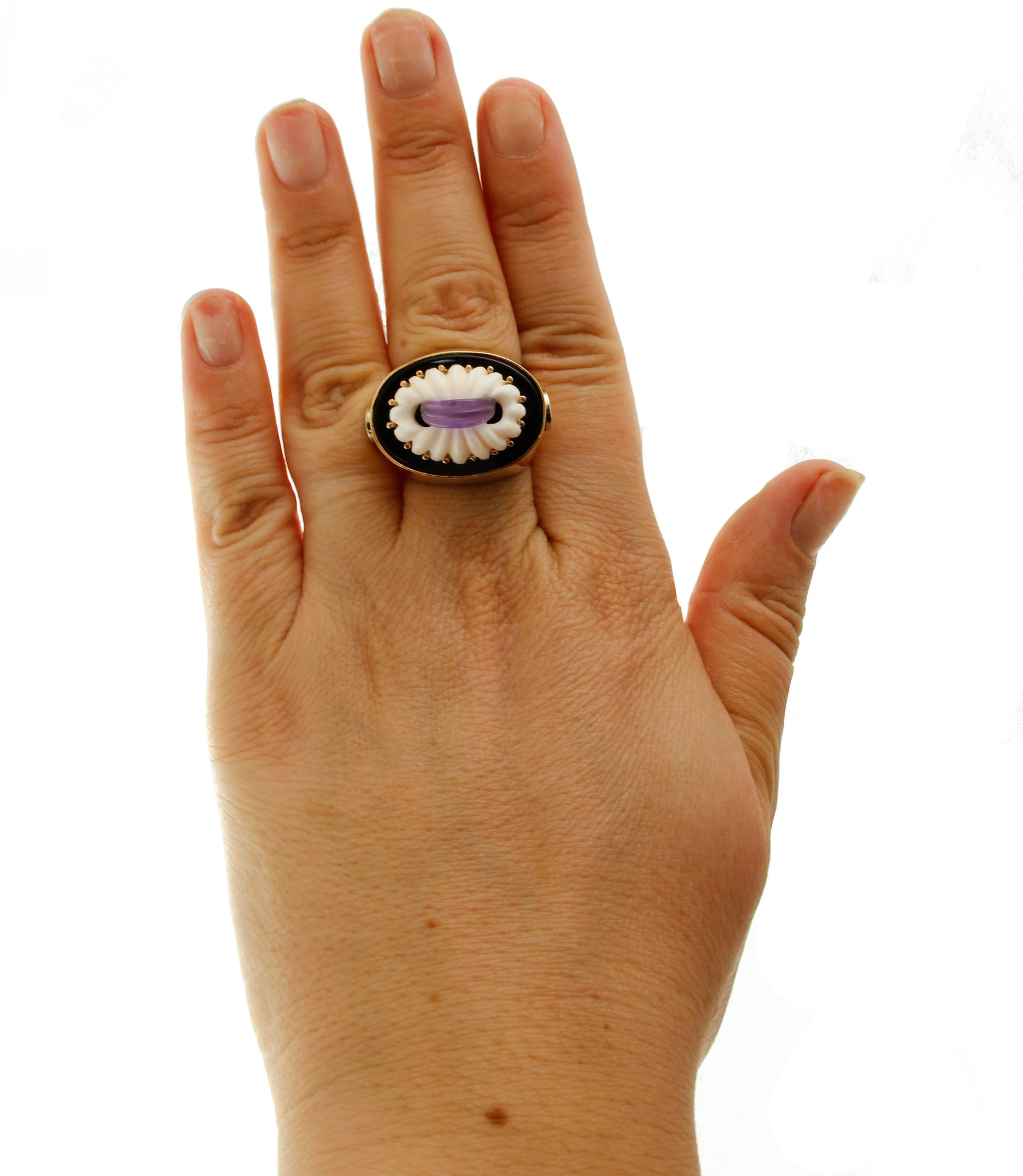 Women's Diamonds, Amethyst, Onyx, Coral, Yellow Gold, Vintage Ring For Sale