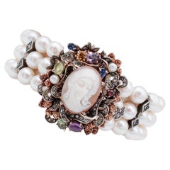 Diamonds, Amethyst, Peridots, Garnets, Pearls, Cameo,  Gold and Silver Bracelet