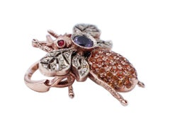 Diamonds, Amethyst, Rubies, Colored Stones, 9Kt Rose Gold and Silver Fly Shape Ring