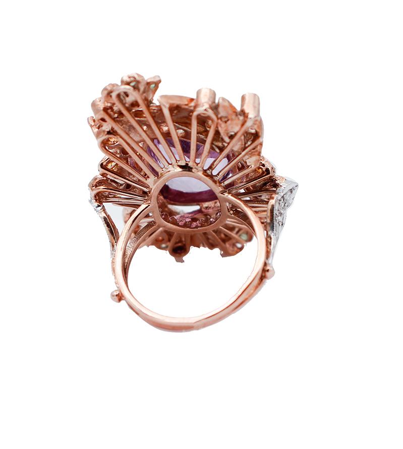 Retro Diamonds, Amethysts, Topaz, Tsavorites, 9Kt Rose Gold and Silver Ring For Sale